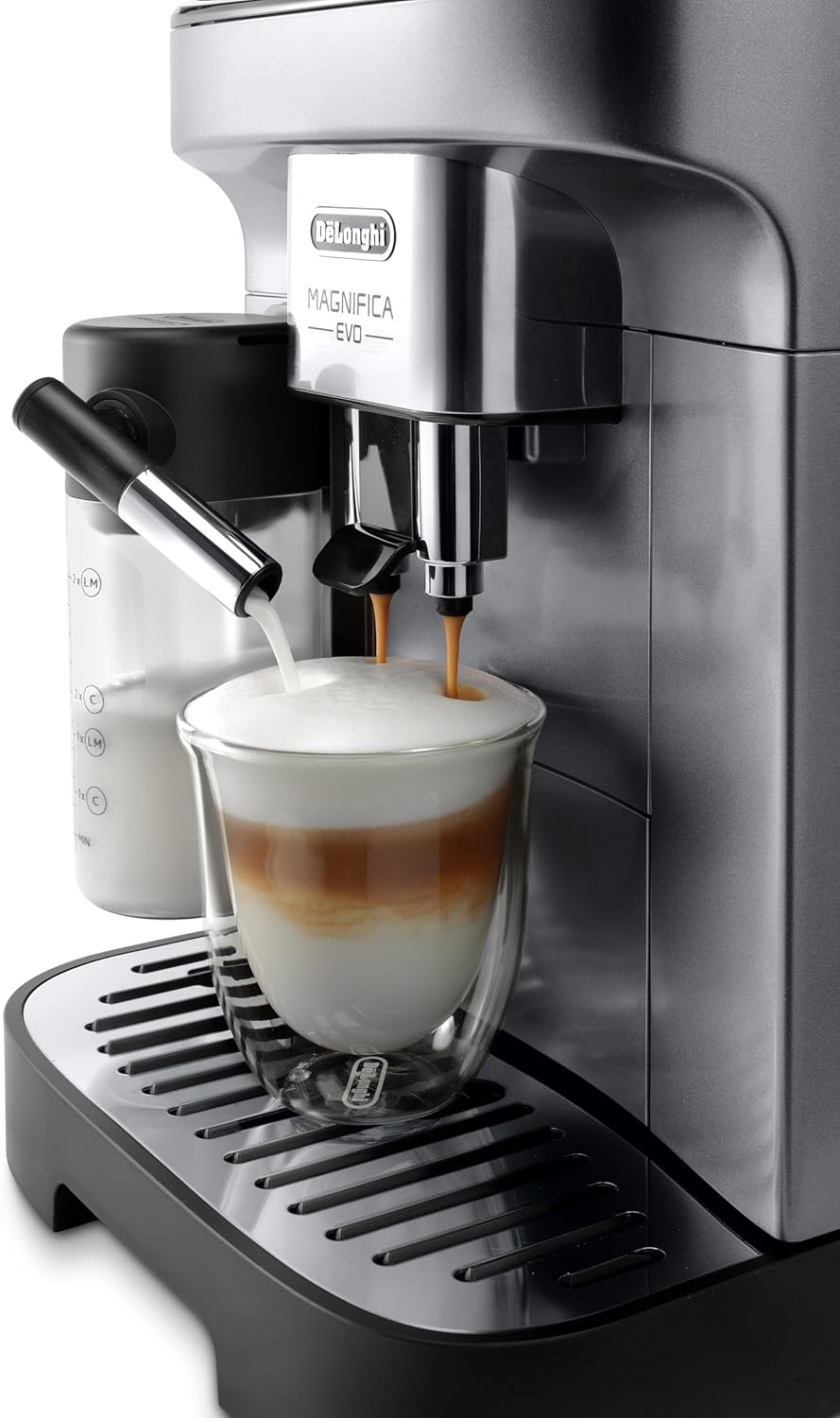 De'Longhi Magnifica Evo Next ECAM312.80.TB, Kaffeevollautomat mit 13 Getränken (Cappuccino, Espresso, Latte Macchiato), 2,4'' TFT Farbdisplay, LatteCrema Milchsystem, 2-Tassen-Funktion, Titan