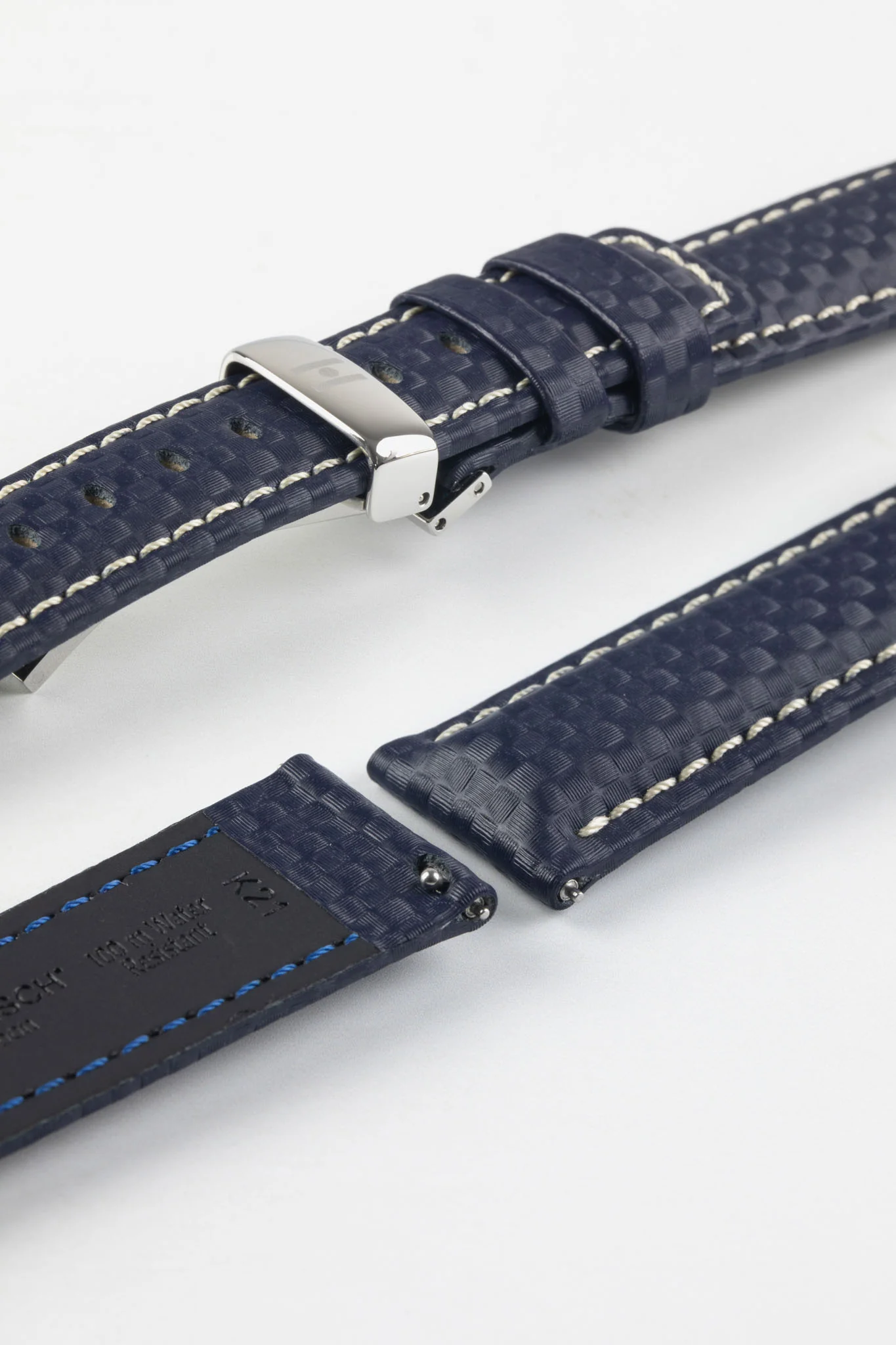 Hirsch CARBON Embossed Water-Resistant Leather Watch Strap in BLUE