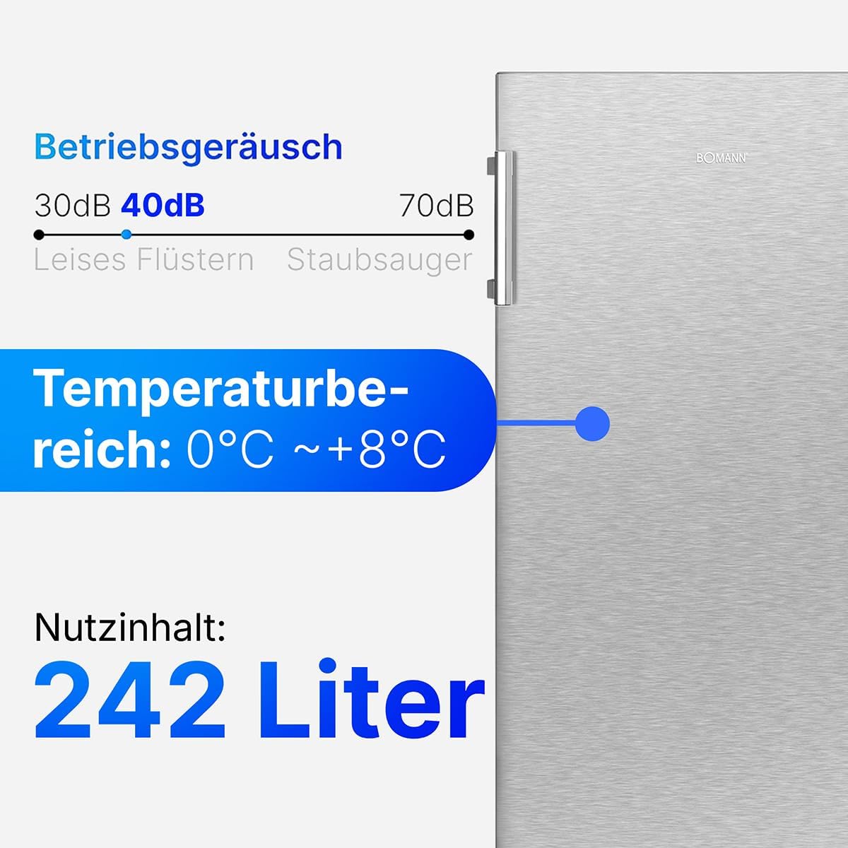 Bomann Réfrigérateur 242L inox VS7316-1-inox, Capacité nette : 242 litres, Éclairage intérieur à DEL, Contrôle de la température en continu, 5 clayettes en verre