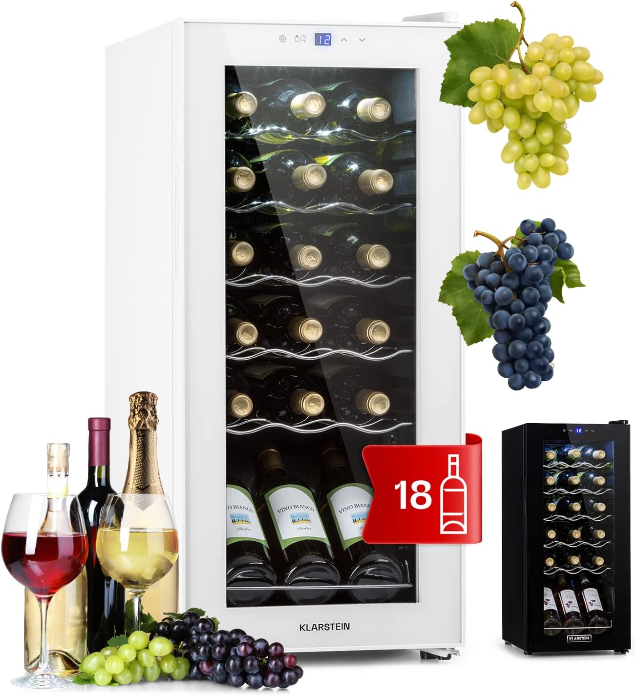 Klarstein Shiraz Cave a Vin, Réfrigérateur à Vin à une Zone, Cave à Vin de Vieillissement, Prosecco et Bière, Ecran Tactile, Réfrigérateur de Bar, Frigo, Étagères Inclinées, 5-18°C, 18 Bouteilles