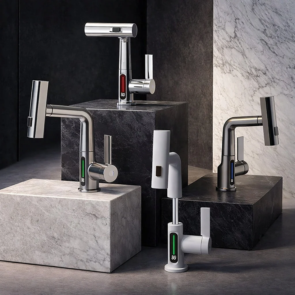 Flexibler Wasserhahn mit LED-Temperaturanzeige und 5 Strahlmodi �C moderne K��chen- und Badarmatur
