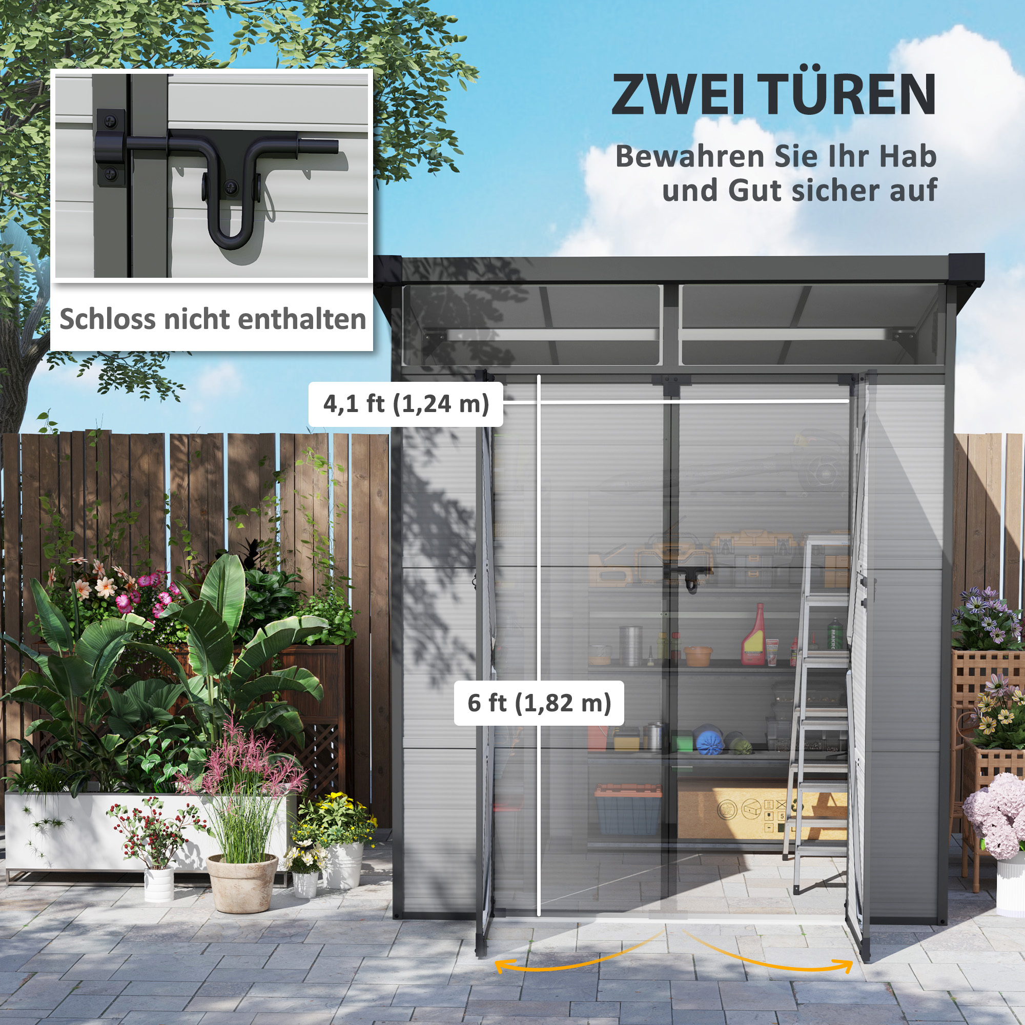 Outsunny 1,9 x 1,9 m Tuinschuur, Opslagschuur uit Kunststof, met Afsluitbare Deuren, 2 Ventilatieopeningen, Lichtgrijs