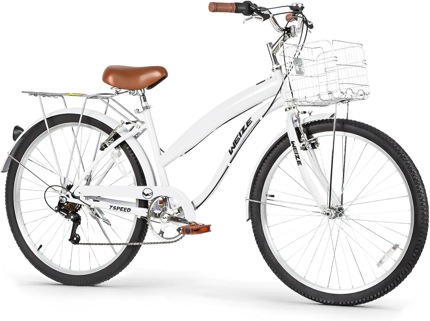 WEIZE Beach Cruiser Bike. 26 inch Commuter Bicycle for Adult Men and Women. 7-Speed/High-Carbon Steel/Front & Rear Fenders. Comfortable City Bikes with Rear Rack or Basket. Ergonomic Upright Design