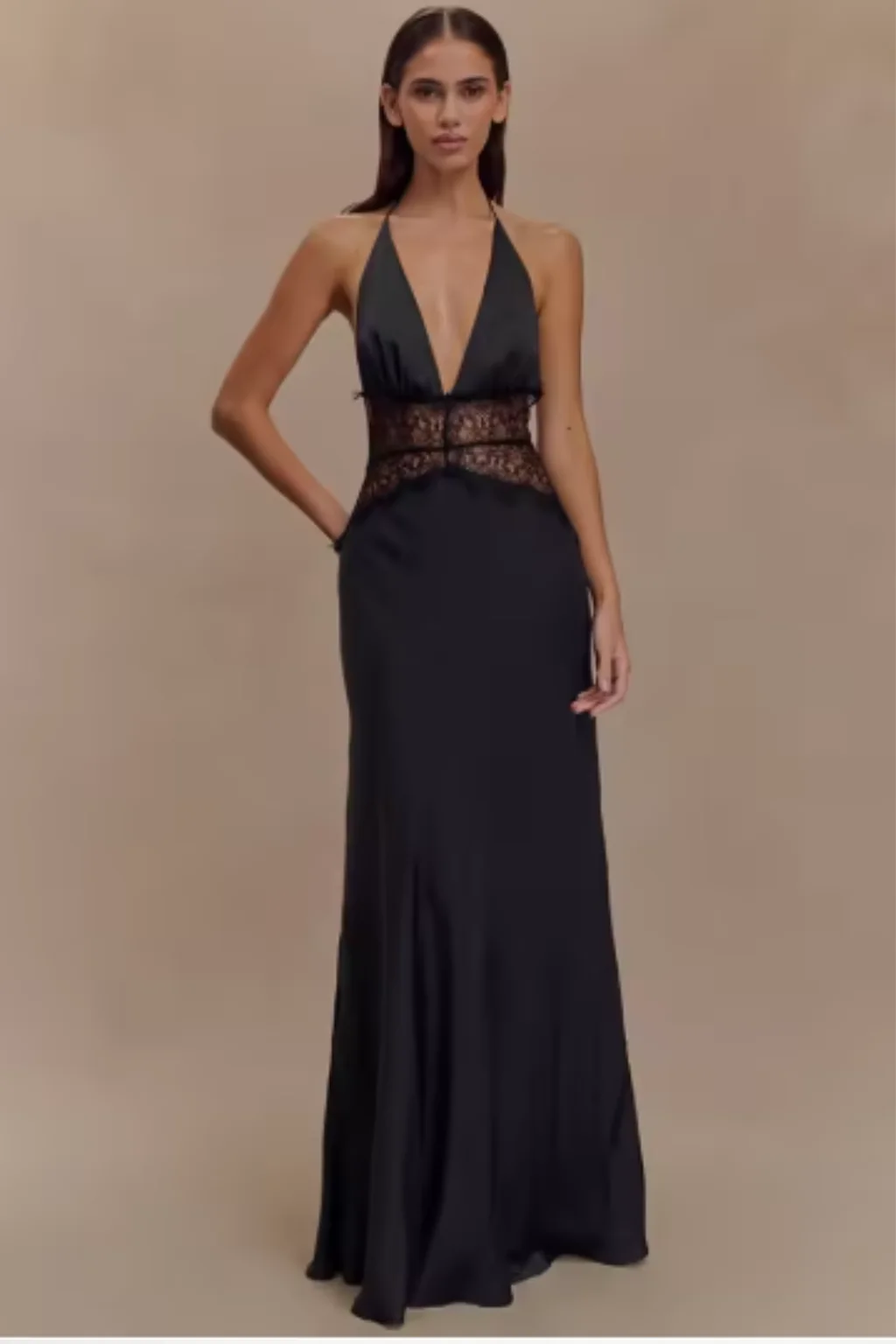 R��ckenfreies Maxikleid f��r Damen | Neckholder Abendkleid mit tiefem Ausschnitt & Spitze | Elegantes Kleid f��r Hochzeitsg?ste