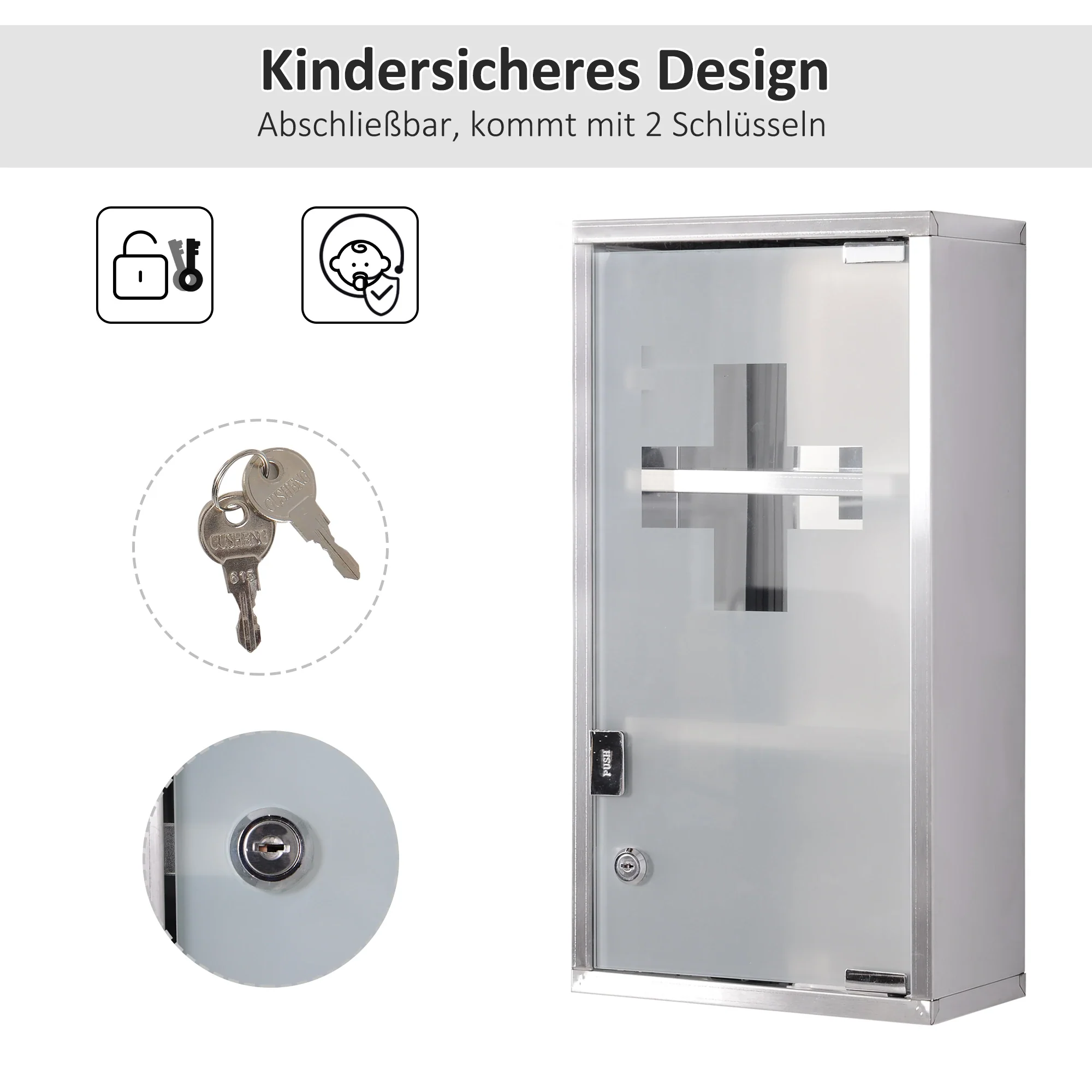 HOMCOM Medizinschrank abschließbar 3 Fächer Edelstahl