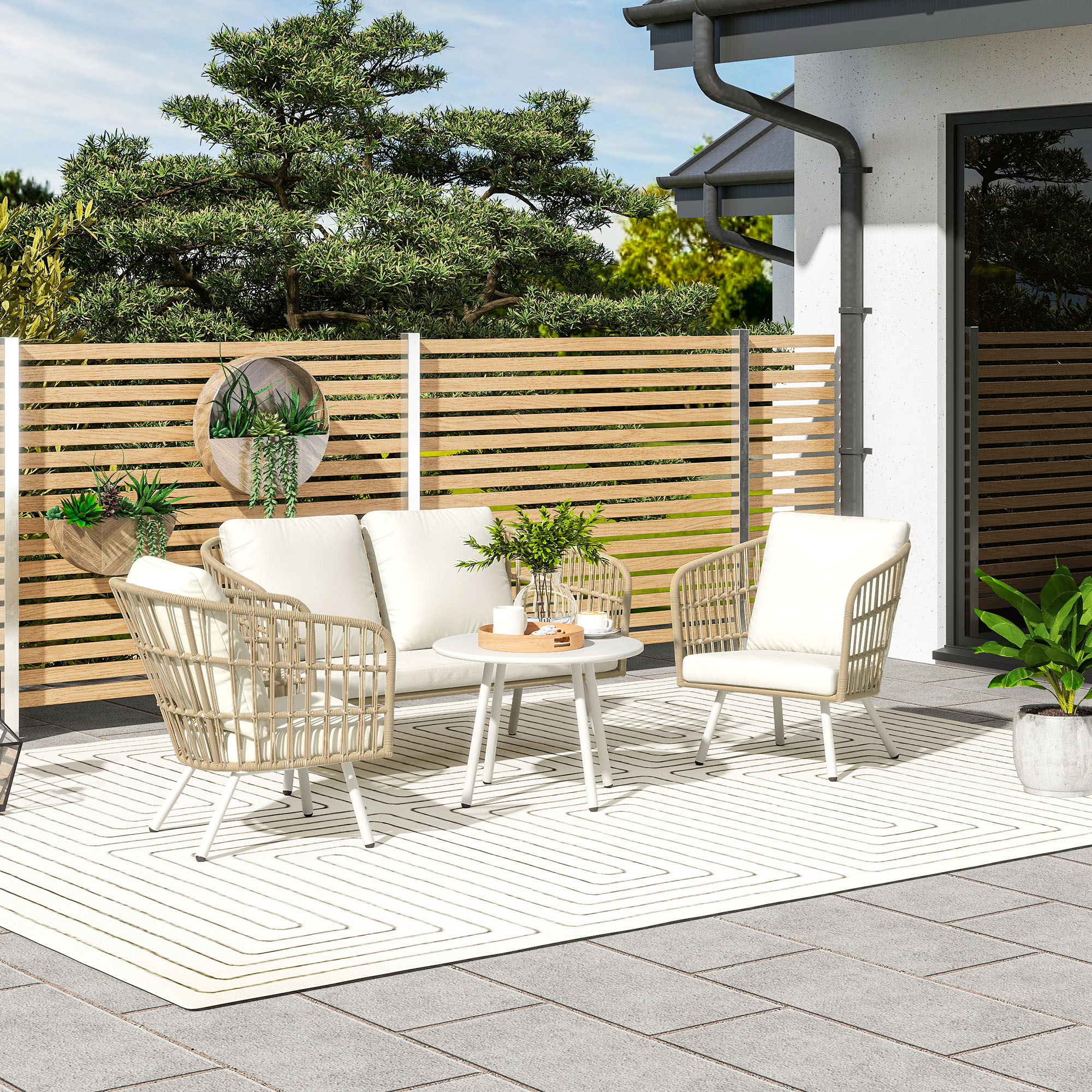 Outsunny Polyrattan Tuinmeubelset Lounge-Set met 2-zitsbank, Fauteuils, Tafel & Kussens Weerbestendig voor 4 Personen Khaki