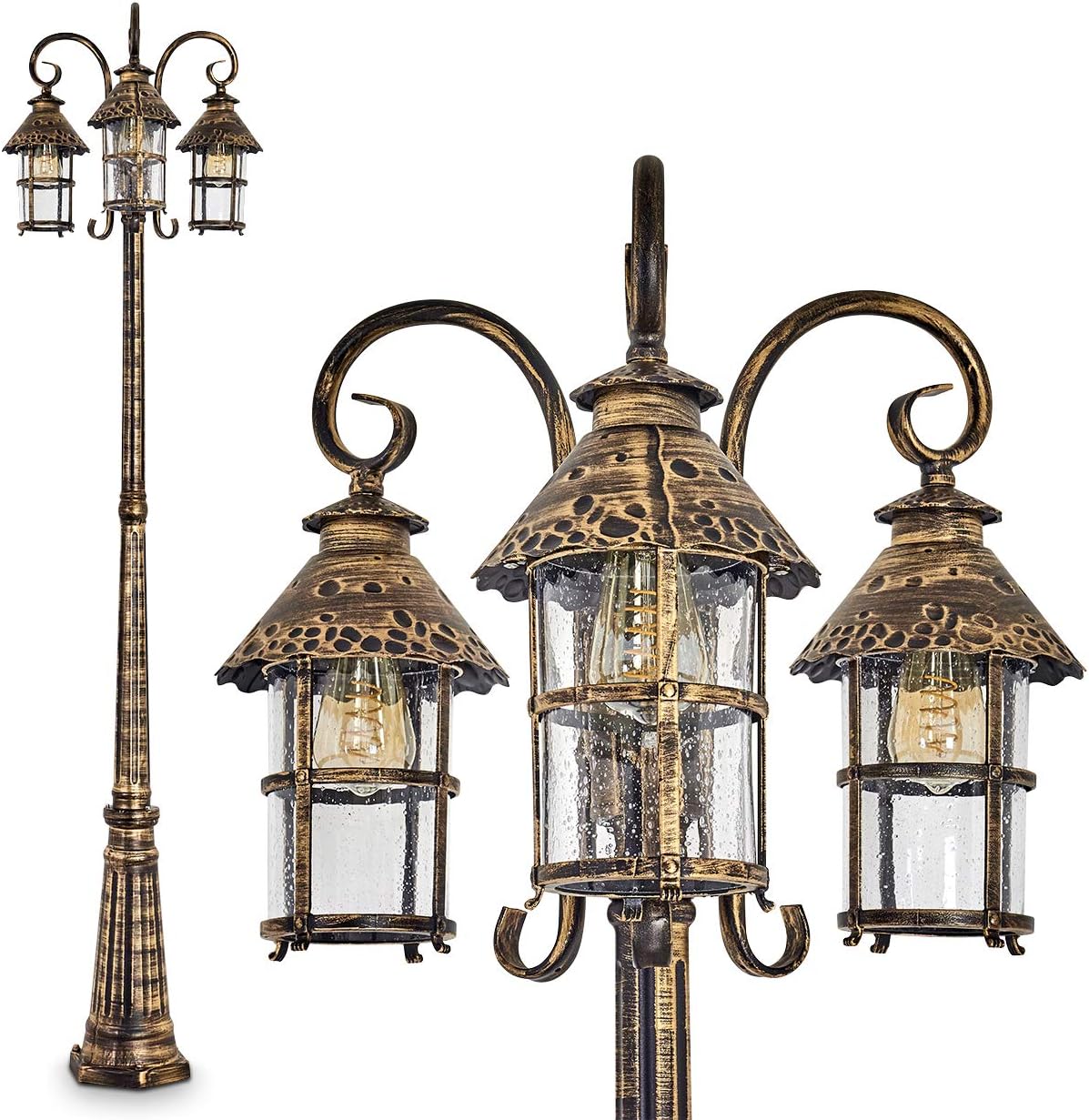 HOFSTEIN Kandelaber Tolep, Außenwegeleuchte aus Metall/Glas in Braun/Gold/Klar, Wegeleuchte im Antik/Retro/Vintage-Design für Garten, Außenbereich, Hof, 220 cm, 3 x E27, IP44