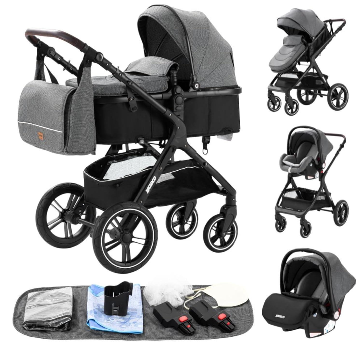 YAZOCO kinderwagen 3 in 1 Buggy Babybett Komplett Set Einem Klick Zusammenklappbarer Kinderwagen, KombiKinderwagen Aluminiumrahmen für Neugeborene (Schwarz)