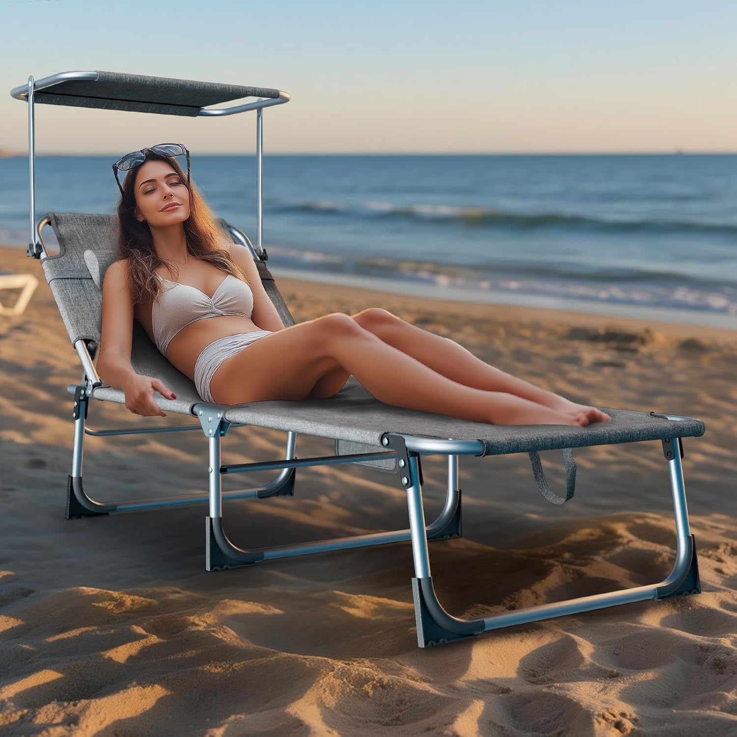 Sonnenliege klappbar 2er Set 194 X 68 X 29 cm, Aluminium Liegestuhl trägt bis zu 150kg, Strandliege Gartenliege wetterfest Sonnenschutz mit Verstellbarer Rückenlehne, Hellgrau