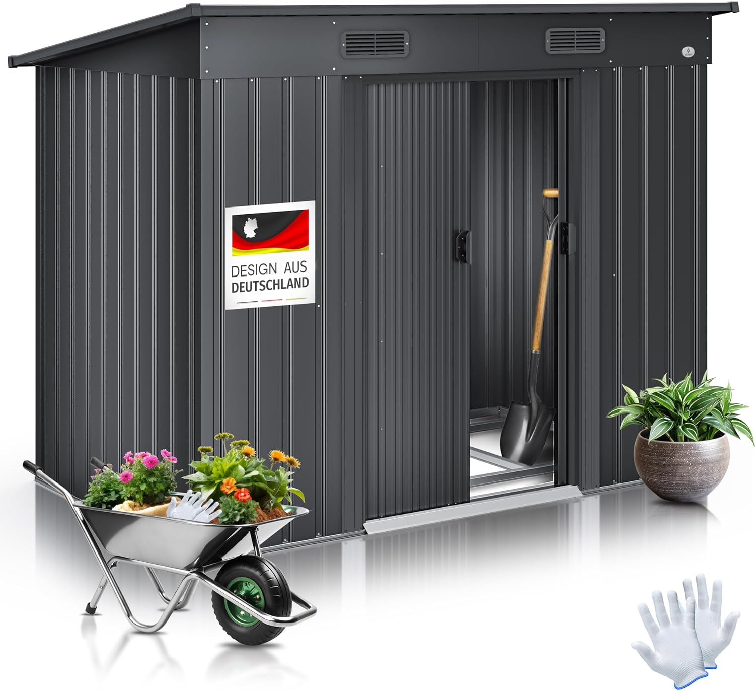 KESSER® - Gerätehaus L Metall 4 m³ mit Fundament | 210x132x186 cm | 2X Schiebetür & Fundament | Geräteschuppen | Gartenhaus Schrank | Pultdach Garten Schuppen, Ink. Arbeitshandschuhe, Anthrazit