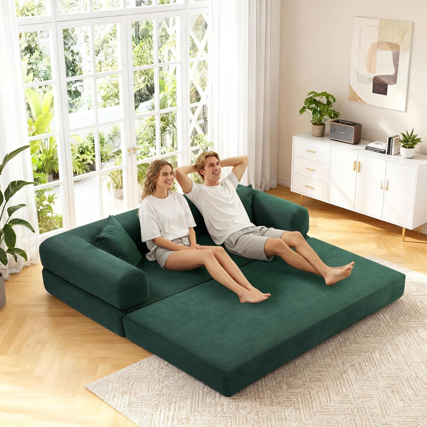 BMMB Bodensofa mit Schlaffunktion, 203cm 3-sitzer Boneless Couch Sofa, Klappbar Schlafsofa Schlafsessel Bed mit 2 Kissen, Moderne Klappsofa Sofabett für Wohnzimmer Schlafzimmer (Dunkelgrün, 8025)