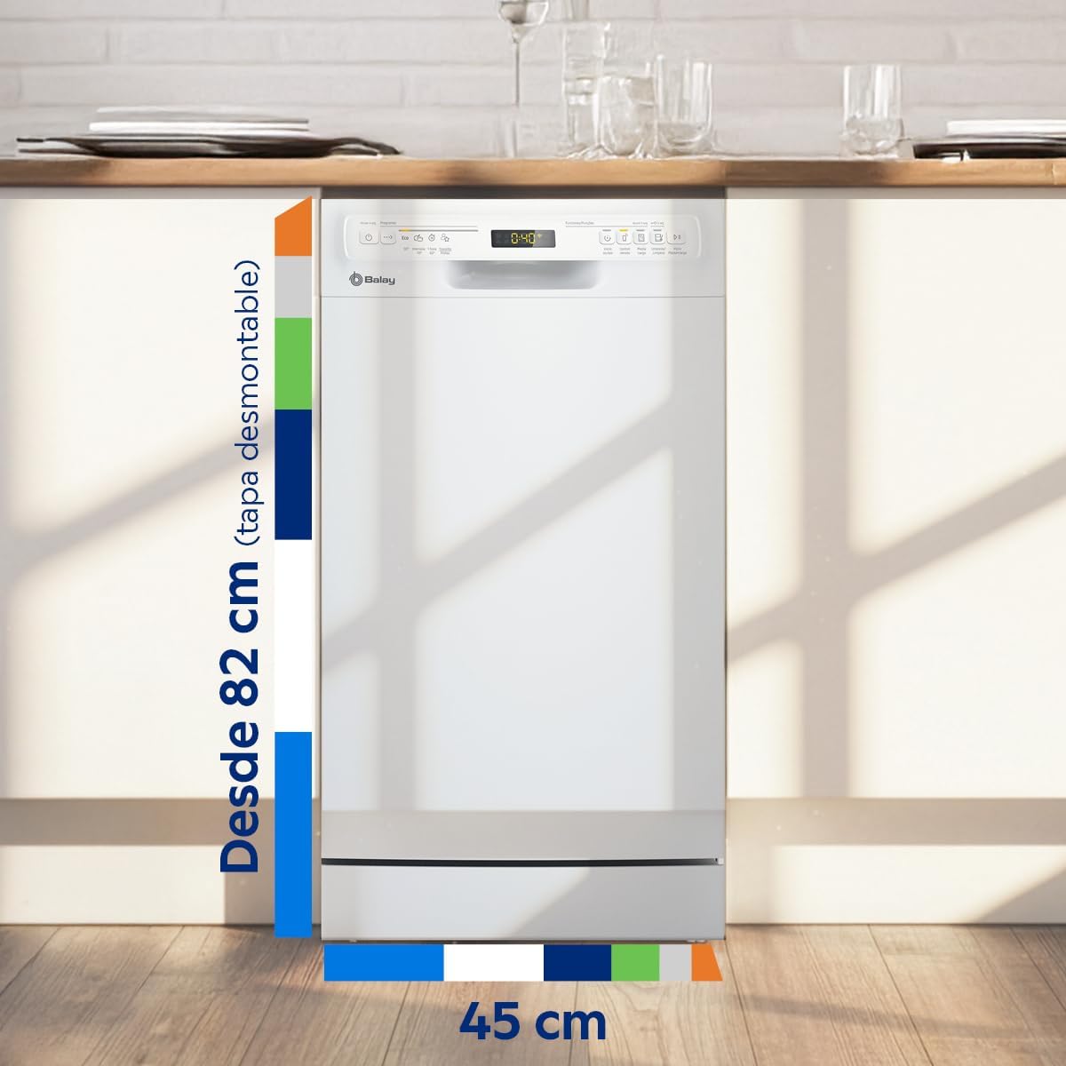 Balay - Lavajillas, Libre instalación, 45 cm de ancho, Motor ExtraSilencio, Home Connect, Display LED, Blanco, 3VN4030BA