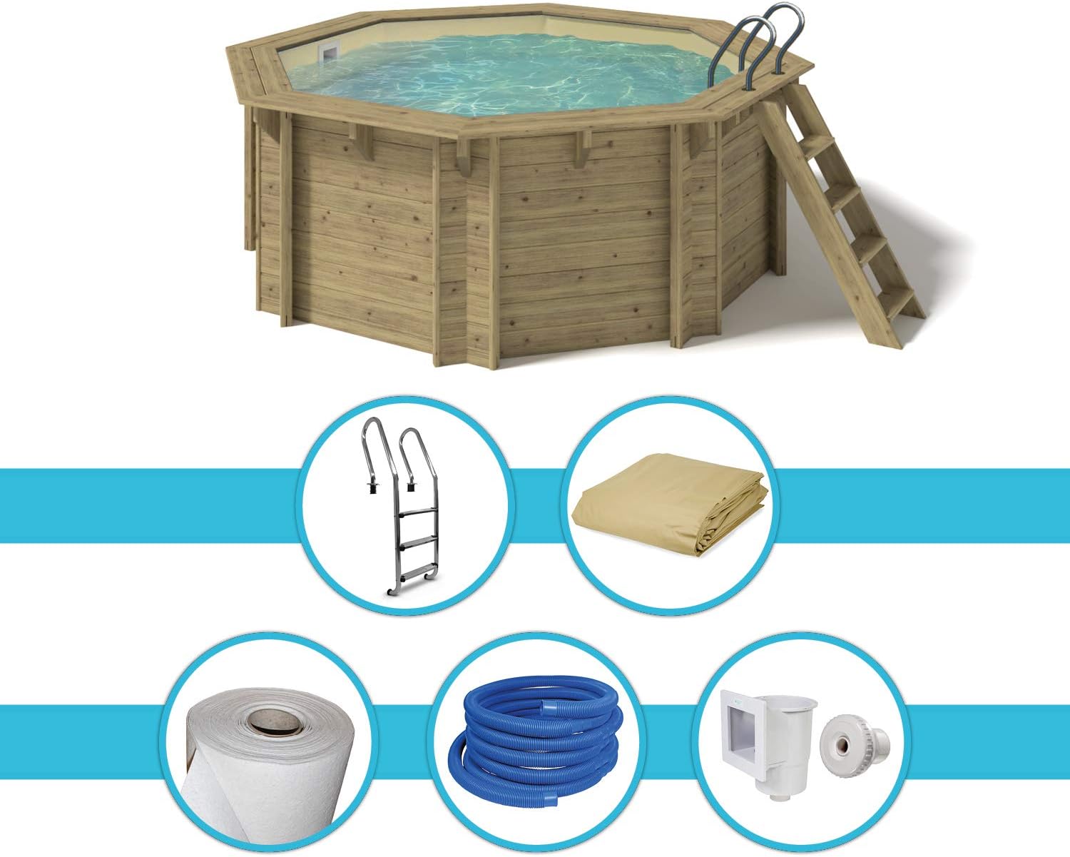 Paradies Pool® Holzpool Kalea Einzelbecken, Edelstahlleiter Tiefbecken, Folie Sand mit 0,8mm Stärke, Achteck-Pool, 354 x 118 (Ø x H), Menge: 1 Stück