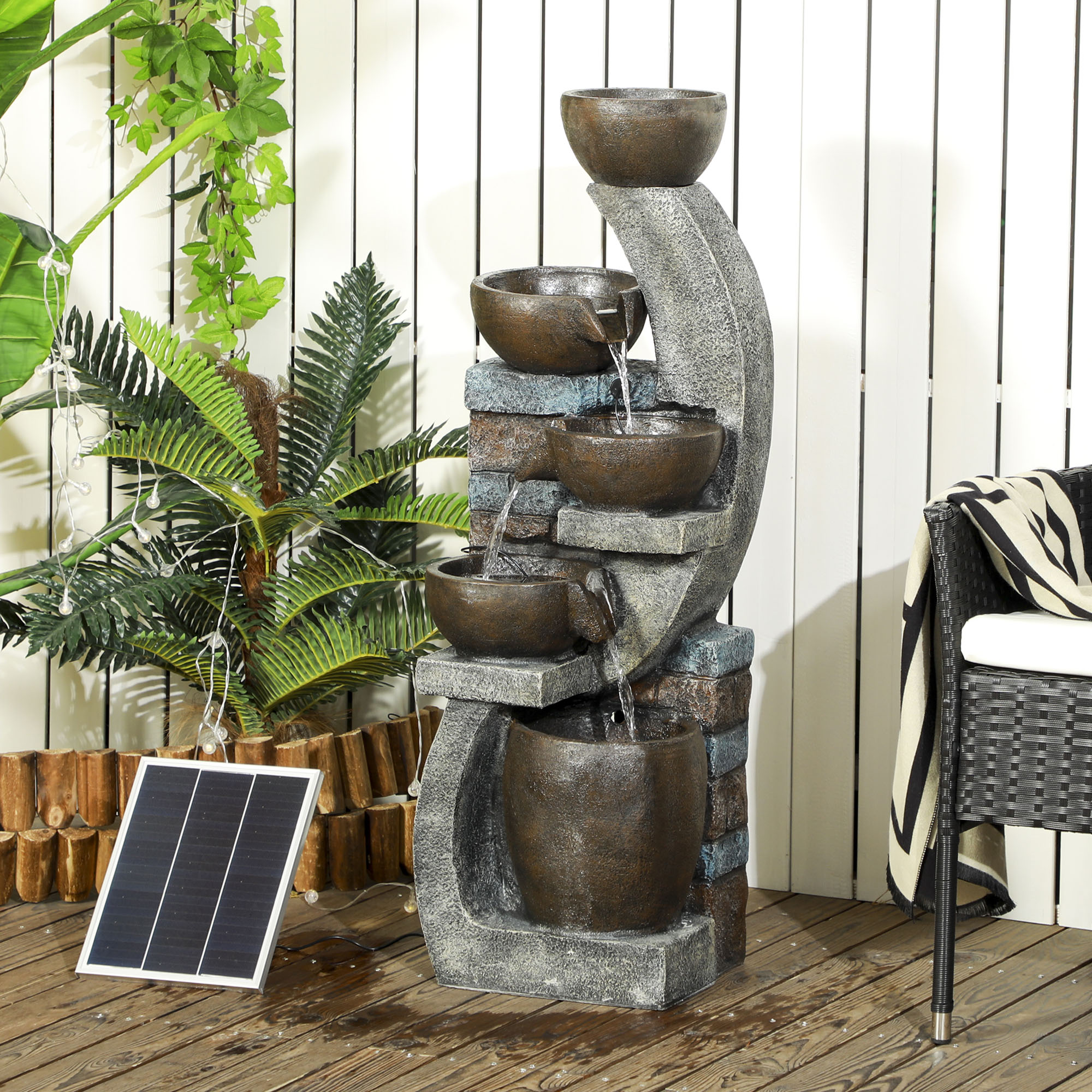 Outsunny Tuinfontein, Baksteenoptiek, 5-traps, Zonne-energie, LED's, 107cm, Kunstharz, Grijs/Bruin