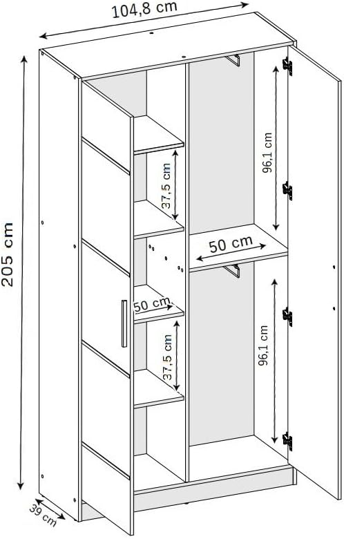 KIER FURNITURE Kleiderschrank mit Spiegel - Garderobenschrank mit Push to Open Türöffner - Schrank mit Ausziehbare Kleiderstange - Eden - 104,8x205x39cm - Craft Eiche
