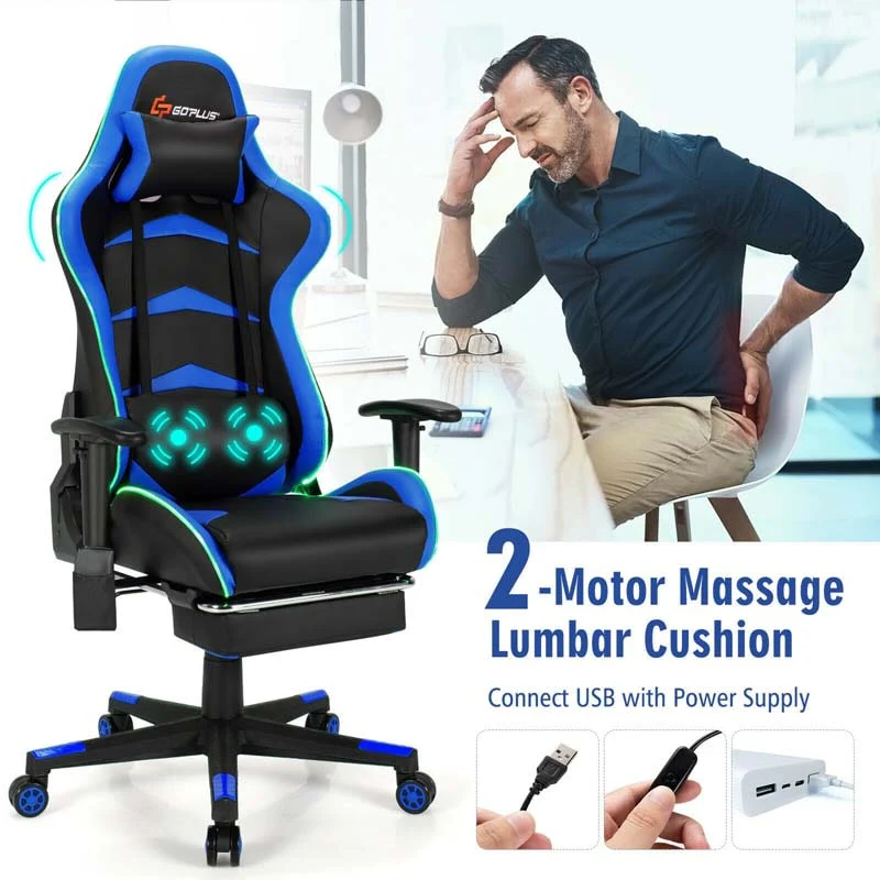 Led Massage Gaming Chair Height Adjustable Racing Computer Office Chair With Footrest Ergonomic High Back Pu Swivel Game Chair - Comfortable And Ergonomic Design