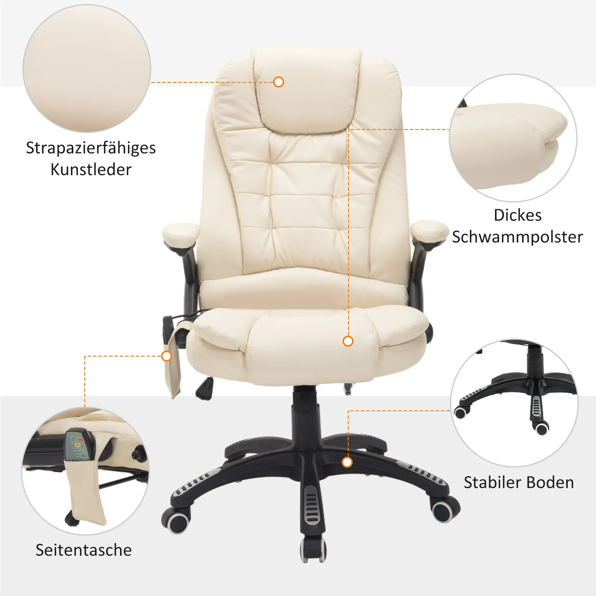 HOMCOM Bureaustoel Directiestoel Massagefunctie in hoogte verstelbaar cr��mewit