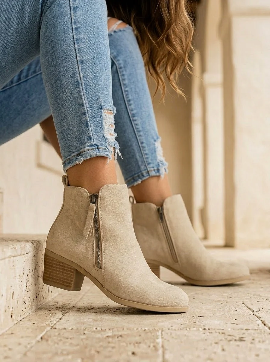 Damen Stiefeletten aus Wildleder mit bequemem Blockabsatz und praktischem Seitenrei?verschluss f��r herbstliche Outfits