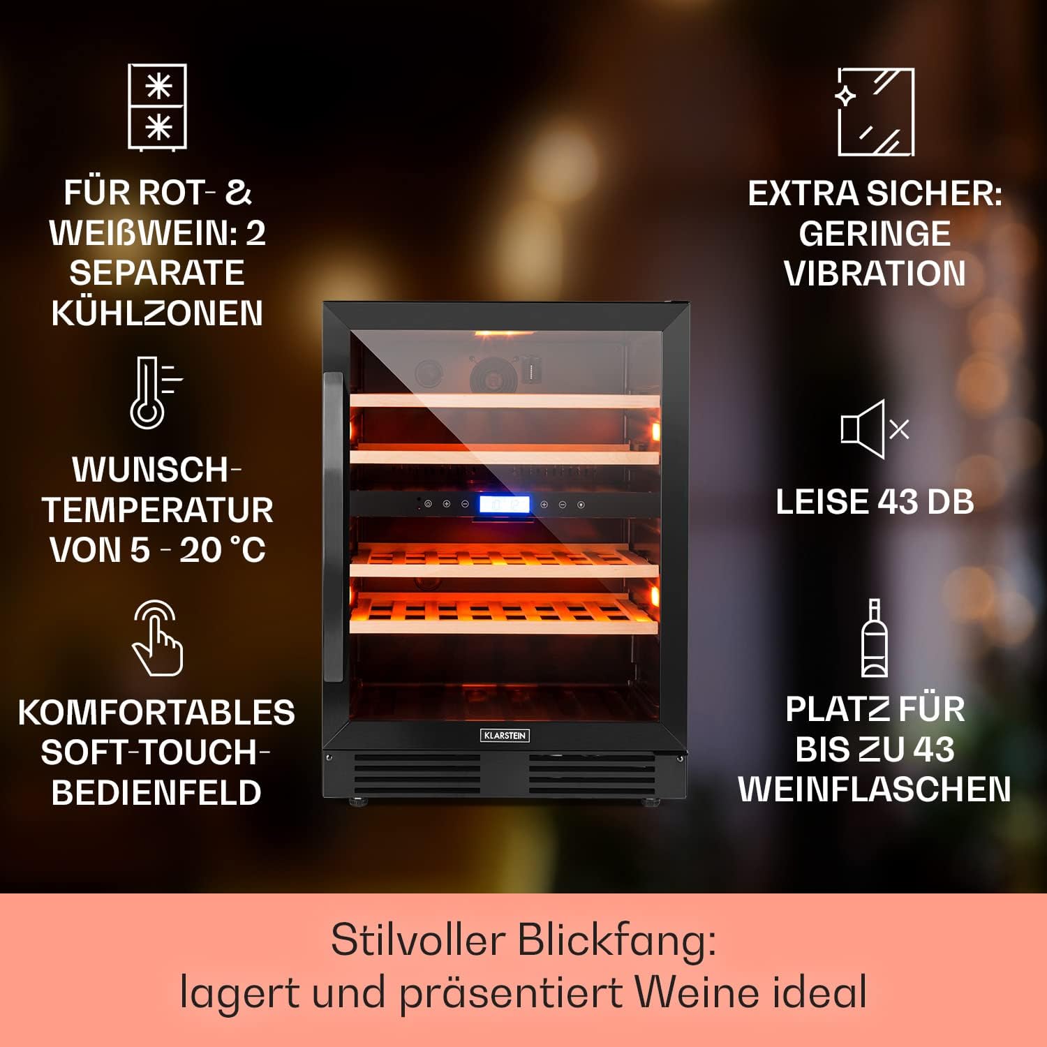 Klarstein Einbau-Weinkühlschrank, 2 Zonen Getränkekühlschrank Klein, Kleiner Weinschrank 129L, Wein-Kühlschrank Klein mit Glastür, Indoor/Outdoor Flaschenkühlschrank, Wine Fridge für 43 Flaschen
