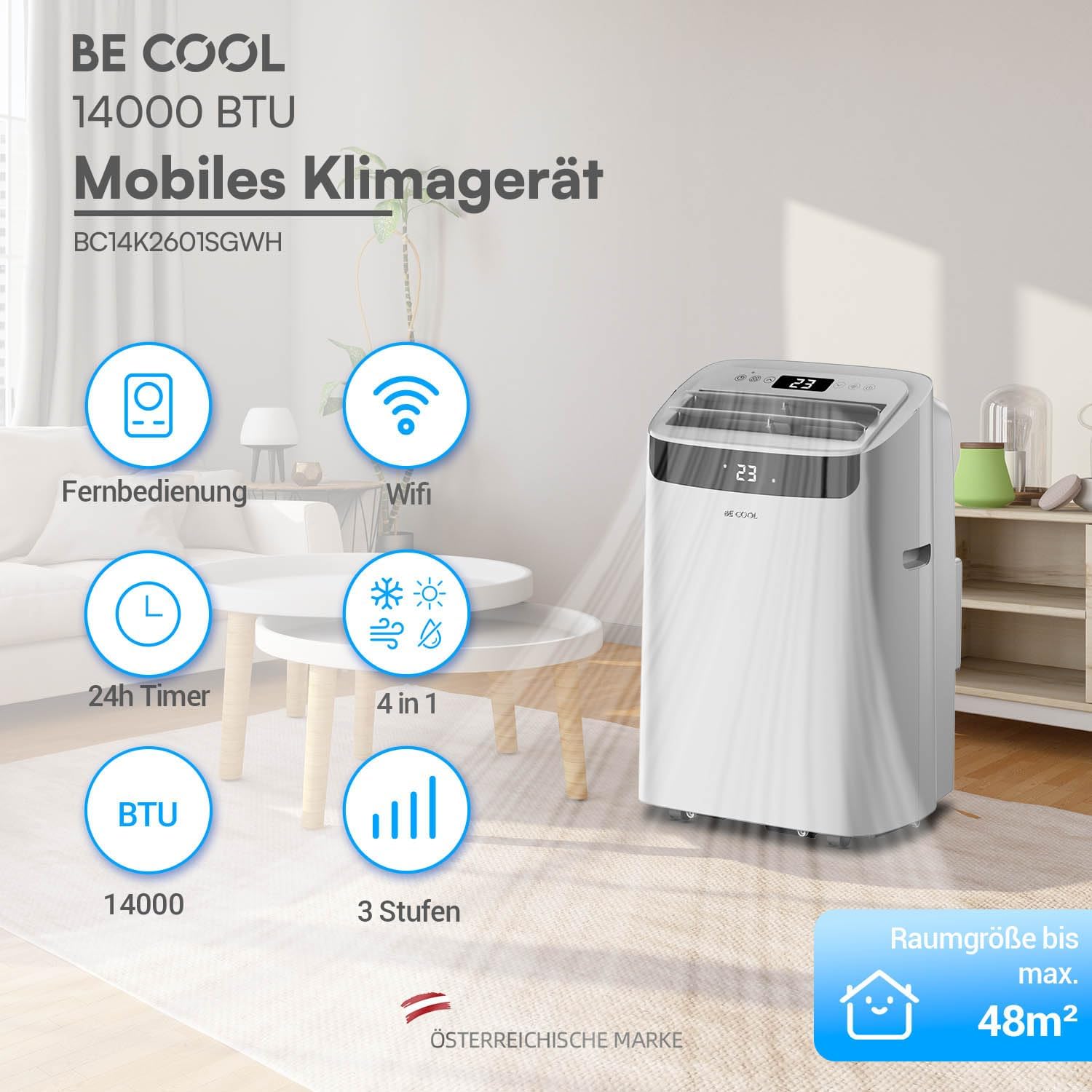 BE COOL mobiles Klimagerät 14000 BTU mit Heizung & WLAN, 4 in 1 Klimaanlage mit Entfeuchter und Ventilator, für Räume bis 48 m², Fernbedienung, Timer, Alexa & Google Assistant, grau
