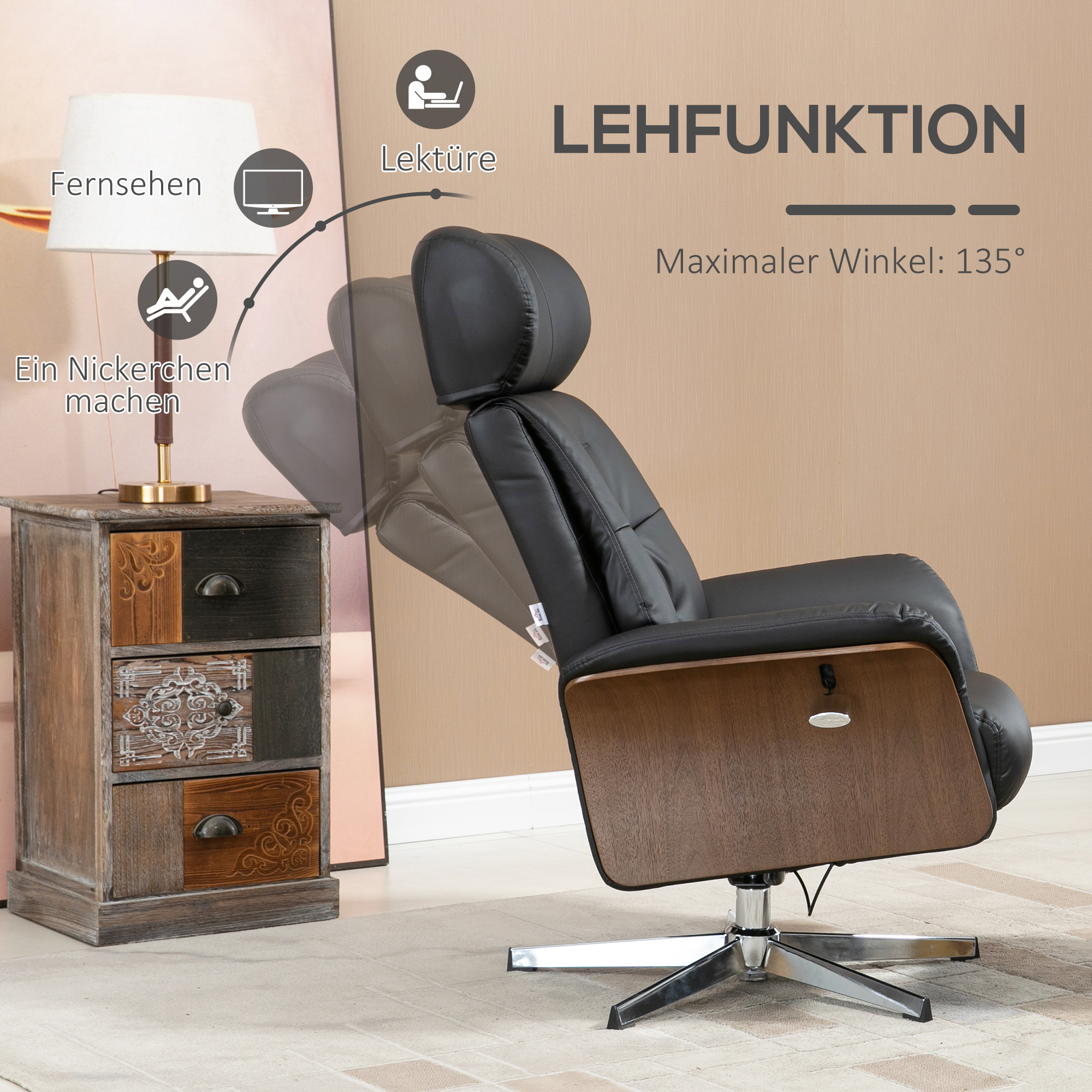 Fauteuil met voetenbank, 360° draaibaar, ligfunctie, leesstoel, zwart, 80 x 84 x 108 cm