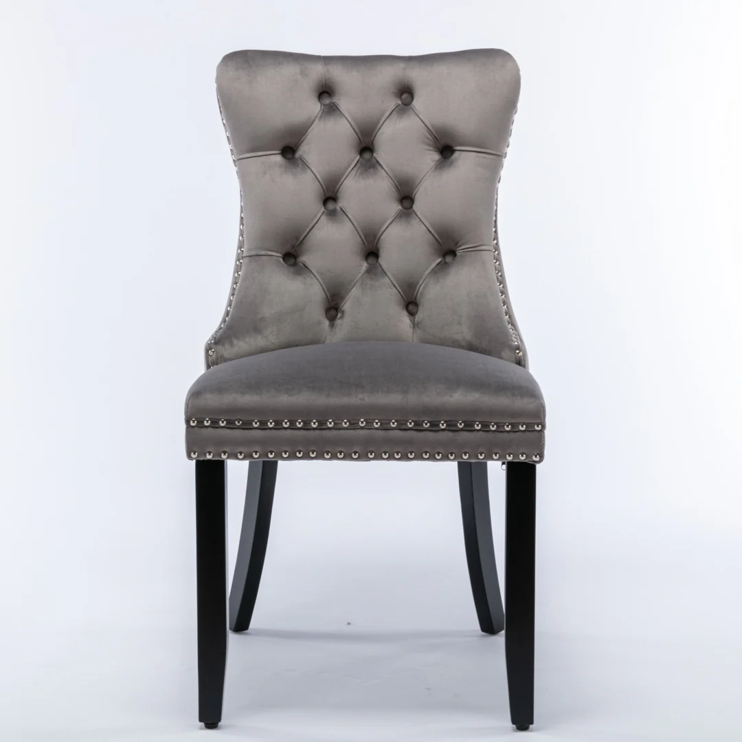 8x Velvet Dining Chairs Upholstered Tufted Kithcen Chair with Solid Wood Legs Stud Trim and Ring-Gray