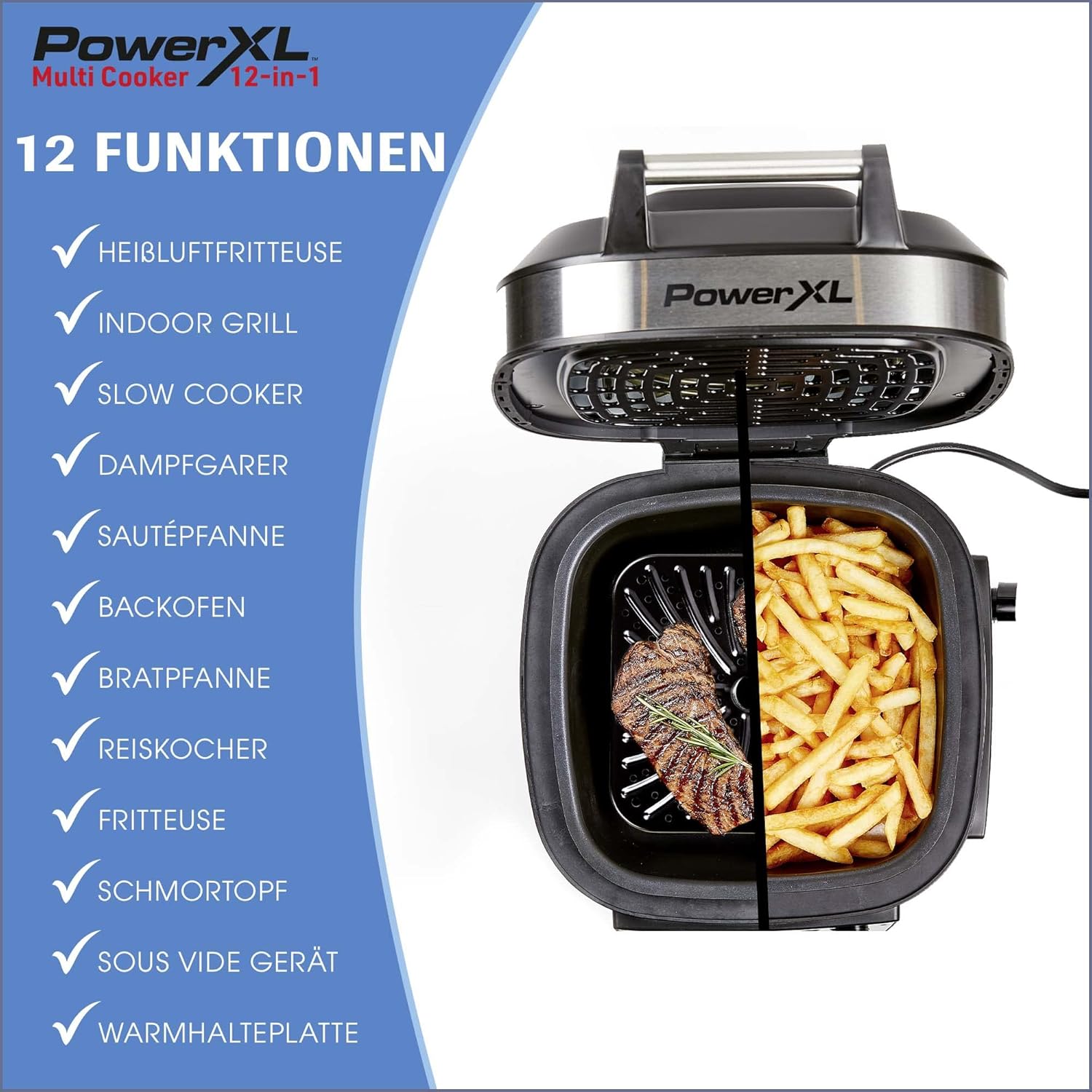 PowerXL MultiCooker - 12 in 1 Multikocher mit Warmhaltefunktion - Heißluftfritteuse, Backofen, Bratpfanne, Reiskocher uvm. - 5,7 Liter Fassungsvermögen - 12 Kochprogramme - Airfryer - Kaloriensparend