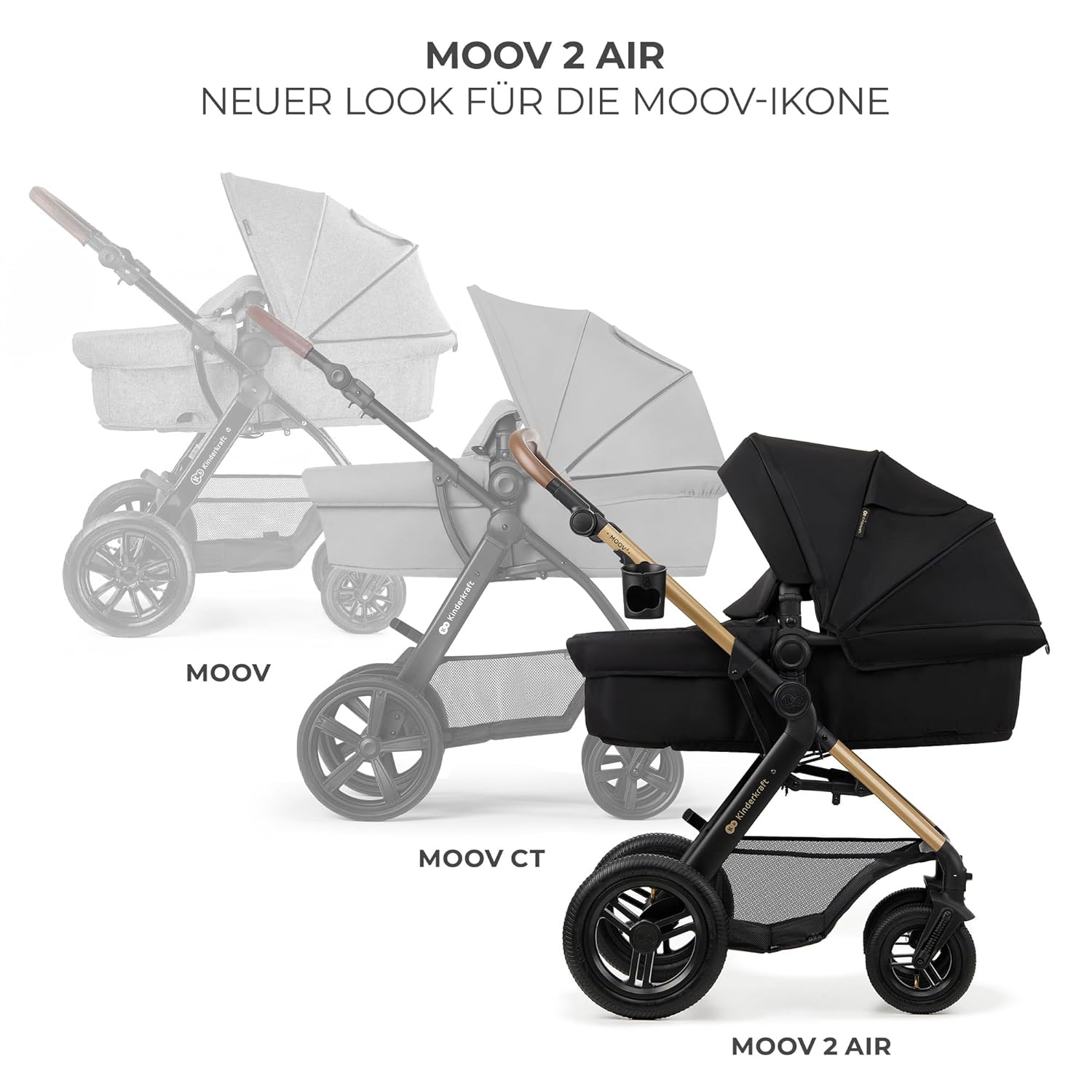 Kinderkraft MOOV2 AIR Kinderwagen 3 in 1 Kinderwagenset bis 26 kg mit Kindersitz I-SIZE 40-75 cm, Buggy Funktion, Liegeposition verstellbar, Große ausziehbare Verdeck, Aufblasbare Räder, Schwarz