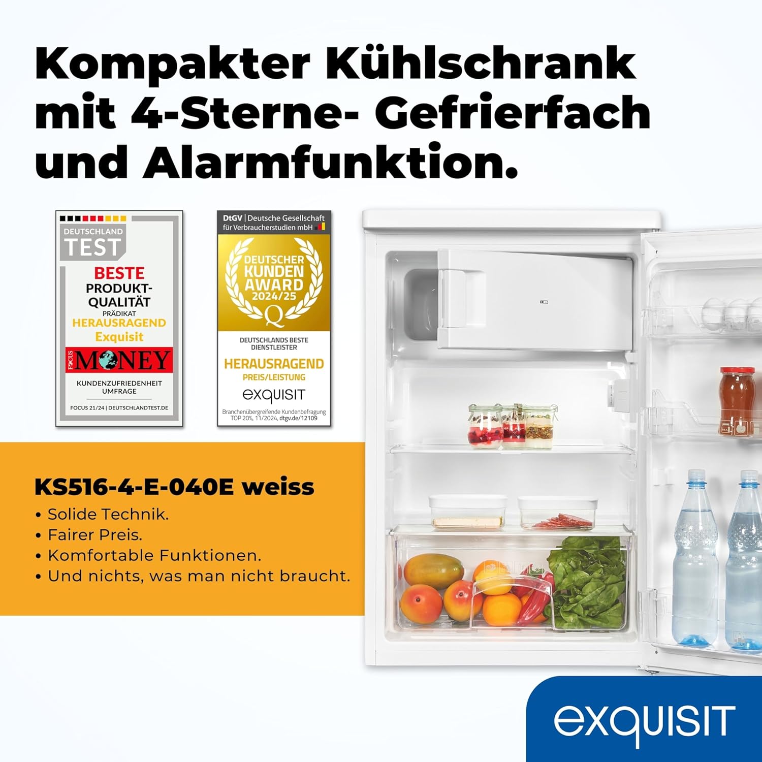 Exquisit Kühlschrank mit Gefrierfach, 109 Liter, kleiner Kühlschrank, 85 cm hoch, freistehend, Kompakt, KS516-4-E-040E weiss