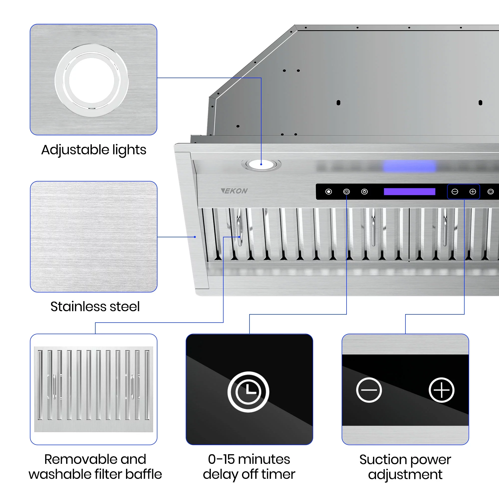 2025 EKON Kitchen Expert Ingebouwde Convertibele Afzuigkap 91 cm en 900 CFM met Afstandsbediening