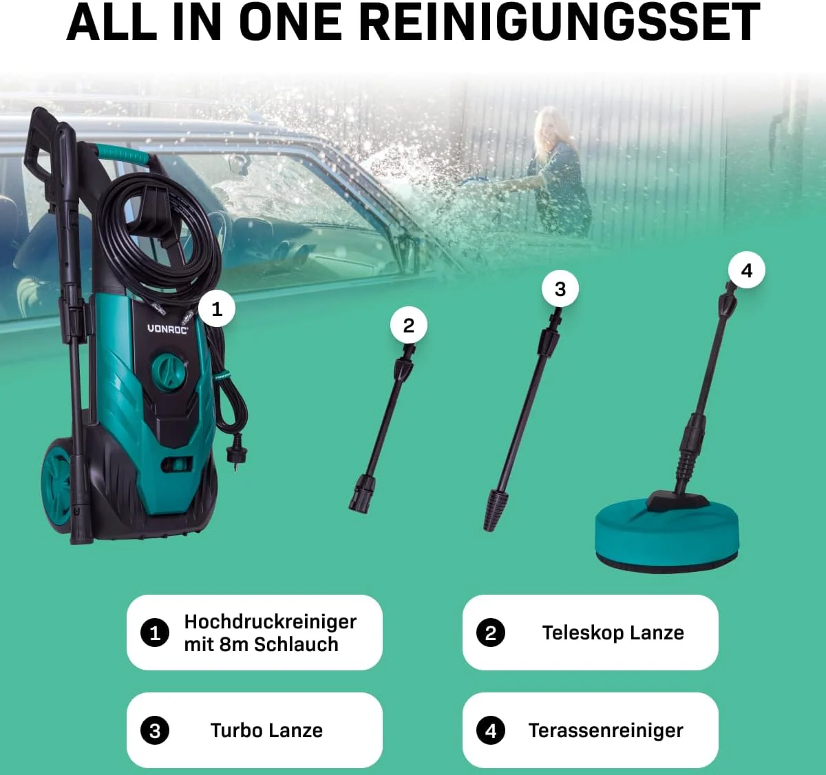 VONROC Professionele hogedrukreiniger 195bar - Gevelreiniger voor zware reinigingswerkzaamheden [2500W] - Hoge wateropbrengst [468 l/u] Reinigingstank, Aluminium Pomp - incl. Terrasreiniger