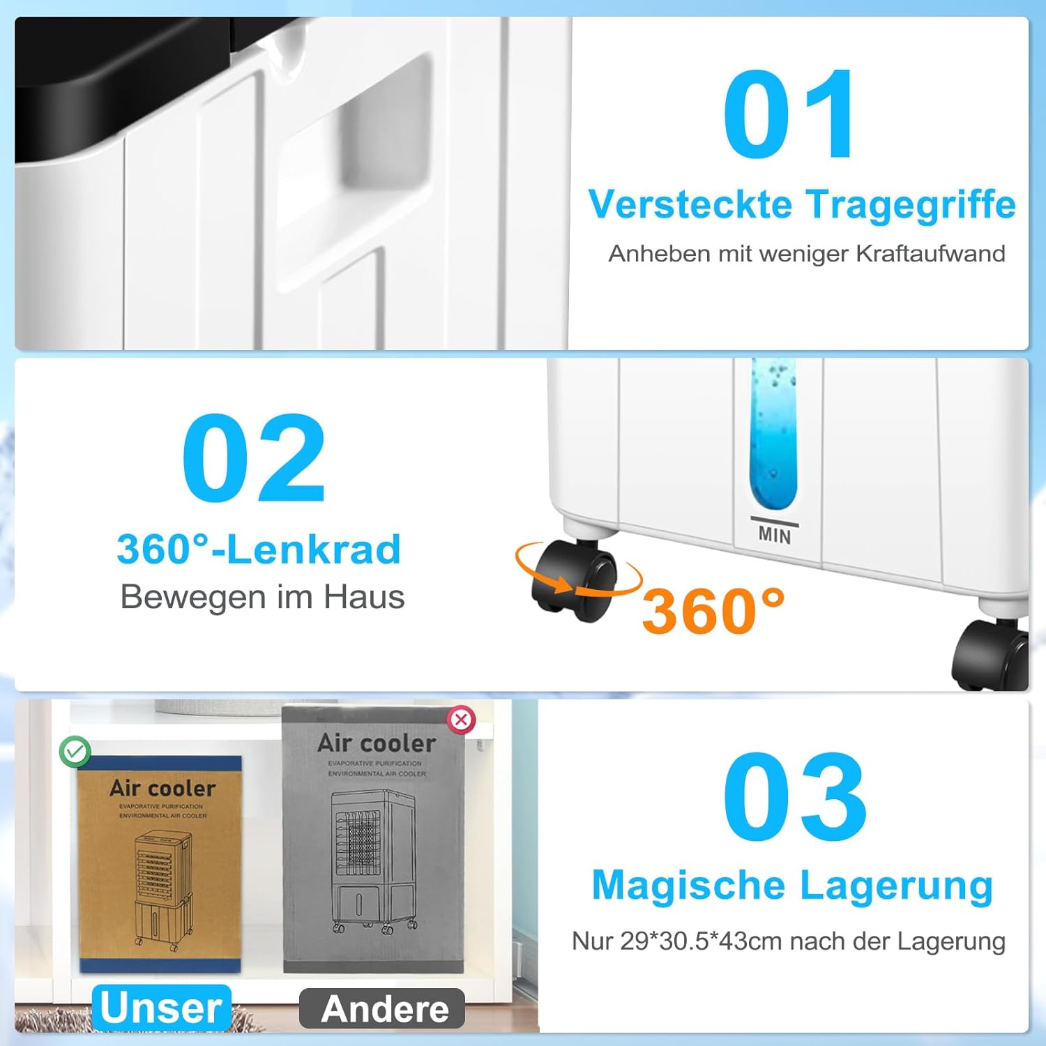 Klimagerät ohne Abluftschlauch, 14L 60W Klimaanlage Mobil mit 12H Timer, 3 Modus, 40dB, 120°Oszillation, Abnehmbare Wassertank, Fernbedienung, Leise Portable Air Conditioner für Wohnung Zimmer Räume
