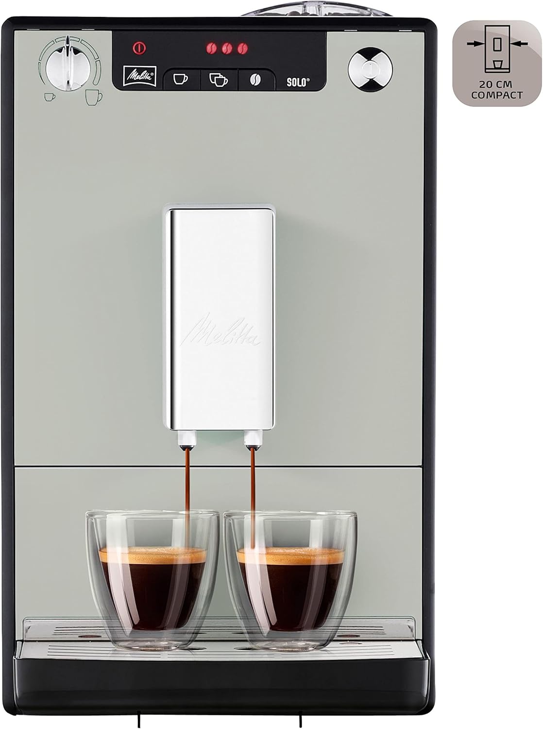 Melitta Solo - Kaffeevollautomat mit höhenverstellbarem Auslauf, kleine Kaffeemaschine mit abnehmbarem Wassertank, für z. B. Espresso oder Café Crème, silber
