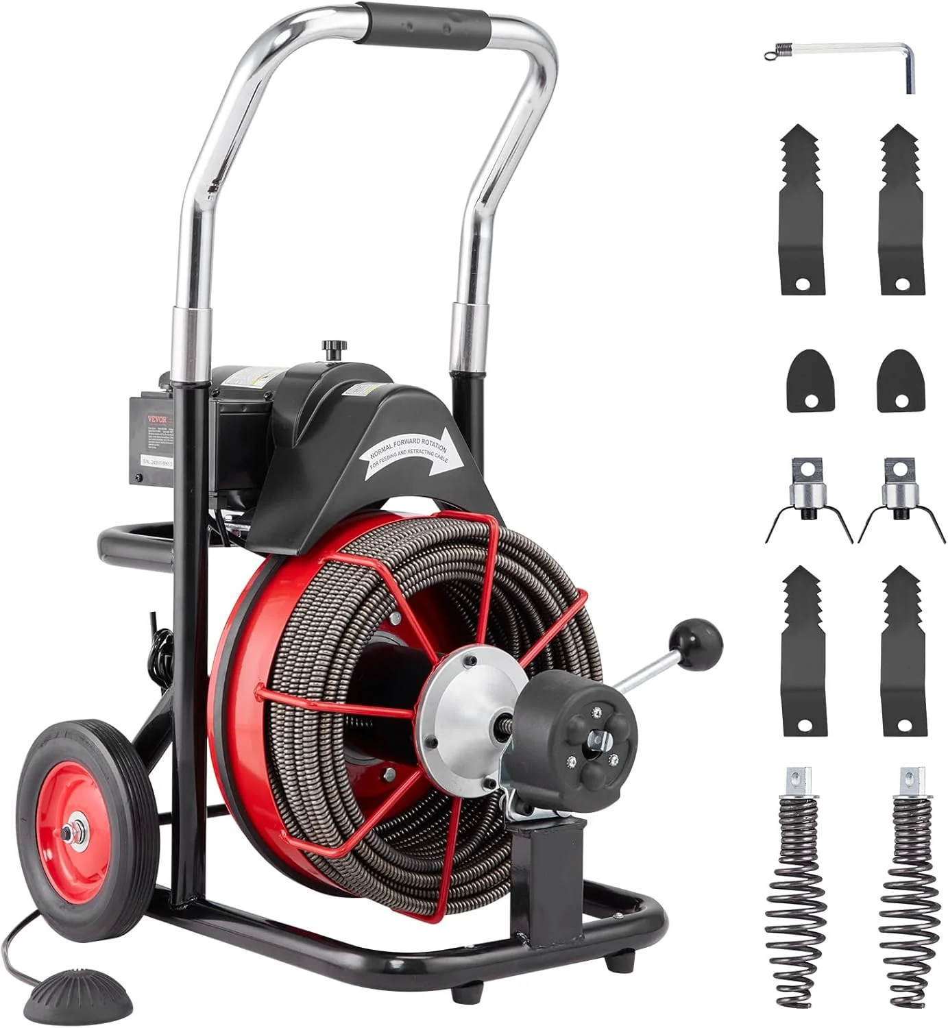 Drain Cleaner Machine 100FT x 1/2 Inch. Auto Feed Sewer Snake Auger on Wheels. 550W Portable Drain Cleaning Machine with 8 Cutters & Air-activated Foot Switch for 2 to 4 Pipes