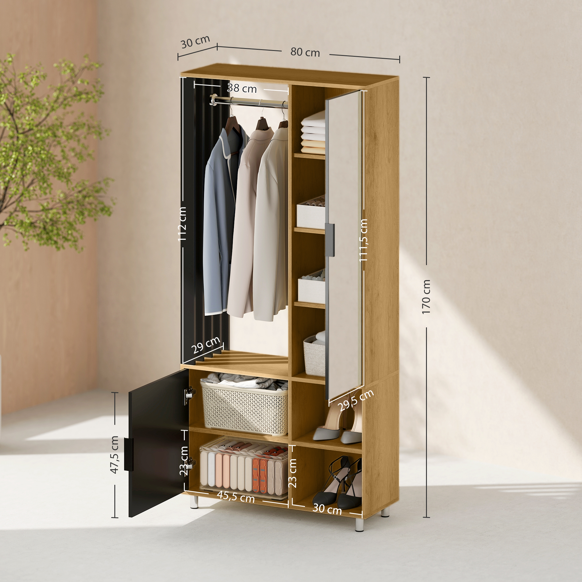 Kast met Spiegel en Kledingstang, Opbergruimten, Open Opbergruimtes, Natuurlijk hout, Zwart