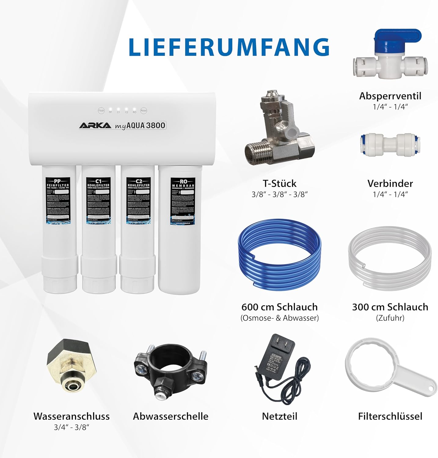 ARKA myAQUA 1900 Umkehrosmoseanlage 1900 L/Tag - Wasserfilter & Enthärtungsanlage, entfernt bis zu 99% Salze, Schadstoffe & Bakterien - Für Aquarien & Haushalt