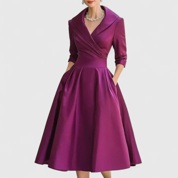 Klassisches Damen Wickelkleid mit V-Ausschnitt | Elegantes Midikleid mit 3/4-?rmeln und praktischen Seitentaschen