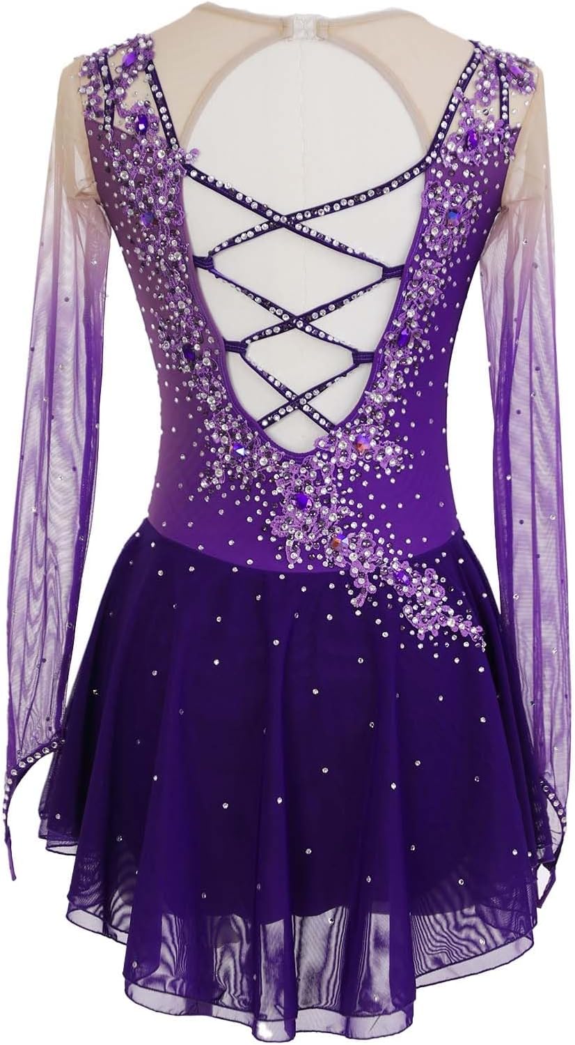 Langärmliges Eiskunstlaufkleid For Mädchen Und Frauen, Wettbewerbs-Eistanzkleid, Eislaufkleidung Mit Rundhalsausschnitt