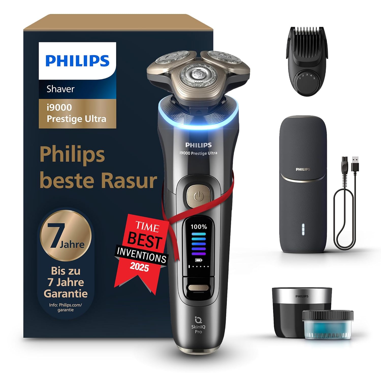 Rasierer i9000 Prestige Ultra, Nass- und Trockenrasierer für Herren, adriatic, Druck- und Bewegungssensor, 5+1 Bartstyler, Reinigungsstation, UV-Ladecase und Reiseetui (Modell XP9402/46)