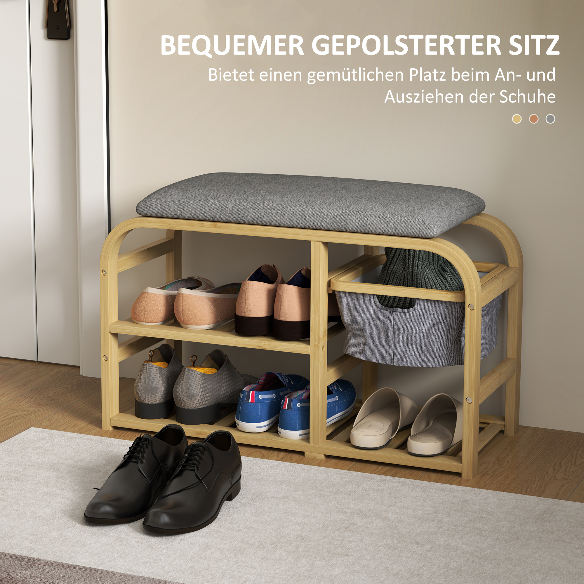 Schoenenbank met Rekken, Schoenopbergbank, Bamboe, Gestoffeerde Zitting, Grijs