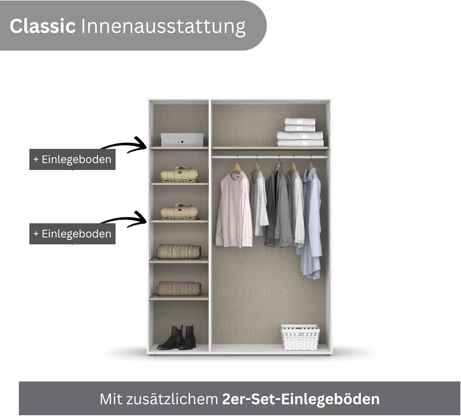 Rauch Möbel Nabila Kleiderschrank für Schlafzimmer, Kinderzimmer, Jugendzimmer, Flur, 3-türig, Push-to-Open, mit Zubehör Classic, Farbe Weiß, Breite 140 cm