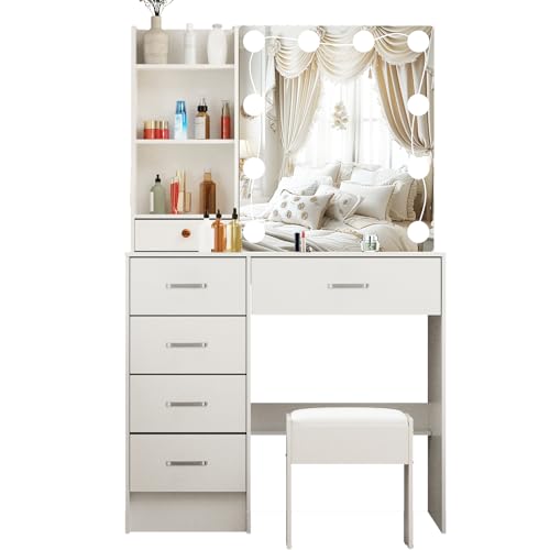 Teousev Toilette Trucco con Sgabello e Specchio, Toeletta Trucco con Luci, Postazione Trucco con 6 Cassetti, 6 Ripiani Aperti, Tavolo Trucco per La Camera Da Letto, 80X36X131cm, Bianco, JR071 : Amazon.it: Casa e cucina