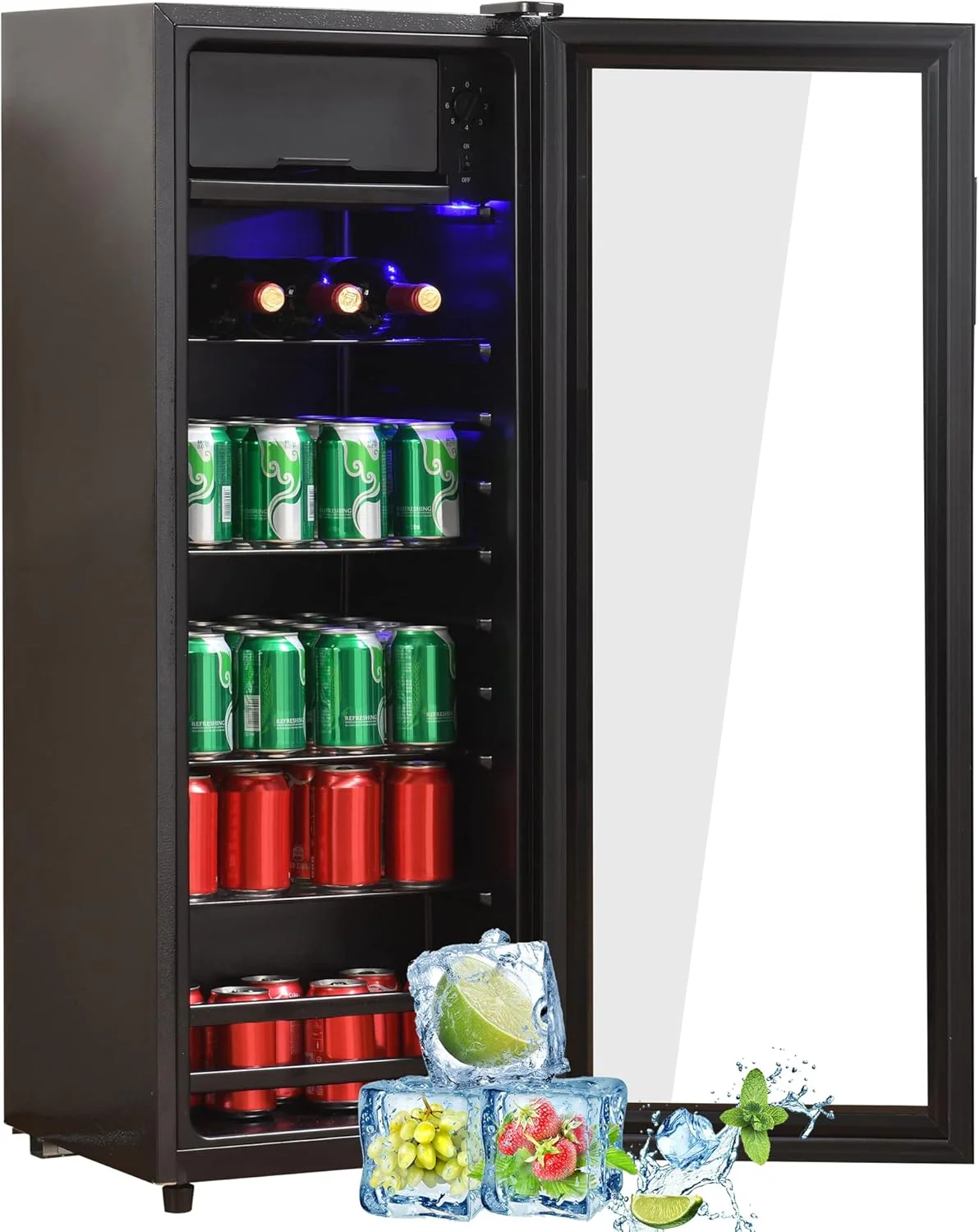 Merax Koelkast 128L, Vrijstaande Drankkoeler met 120L Koelruimte + 8L Vriezer, met LED Binnenverlichting en Verstelbare Legplanken, Superstil voor Restaurant, Bar, Drankjes en Bier