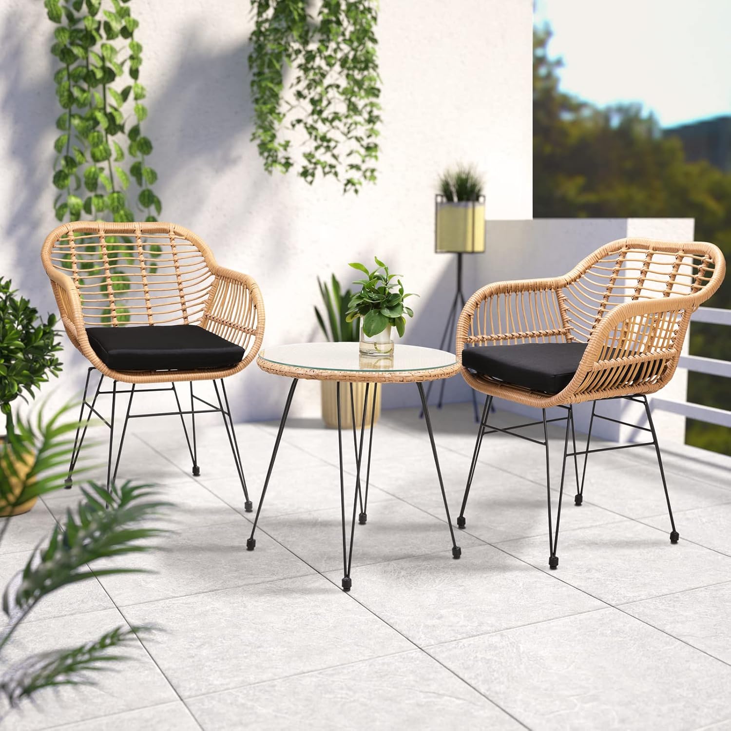 Casaria® Balkonset 3 teilig 5cm Auflagen Wetterfest 5mm Sicherheitsglasplatte Höhenverstellbar Rattan Look Outdoor Terrasse Balkon Gartenmöbel Korbsessel
