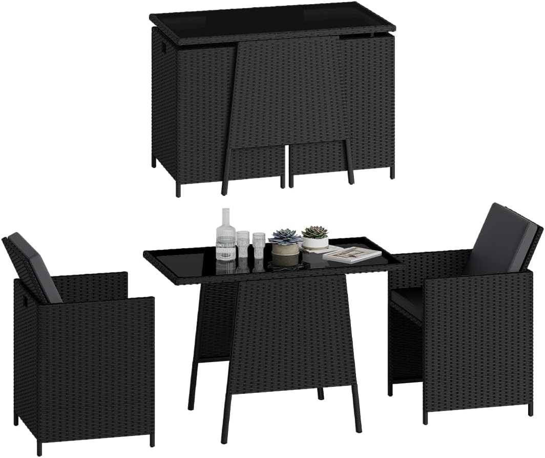 STEELSØN 3-TLG Garten-Essgruppe Xenara, Esstisch mit 2 Stühlen, Gartenmöbel Sitzgruppe Polyrattan mit Kissen, Gartenlounge, Balkomöbel Set, schwarz