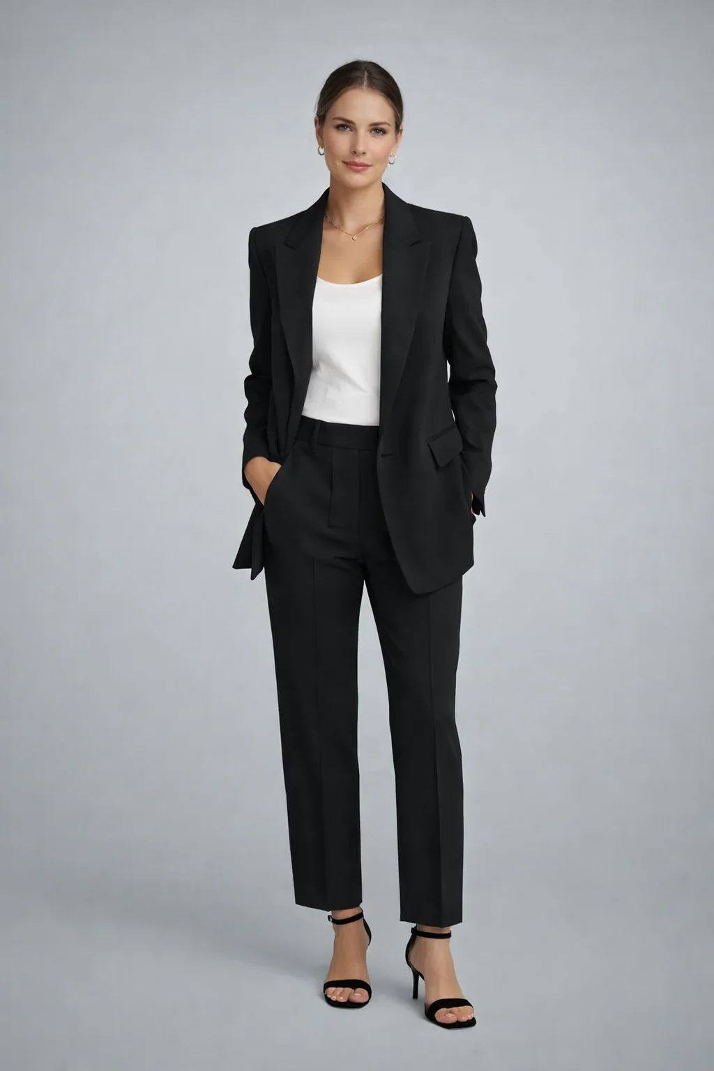 Damen Blazer Set mit Hose | Eleganter Hosenanzug f��r B��ro und Freizeit | Zweiteiler mit schmalem Revers und Knopfdetails