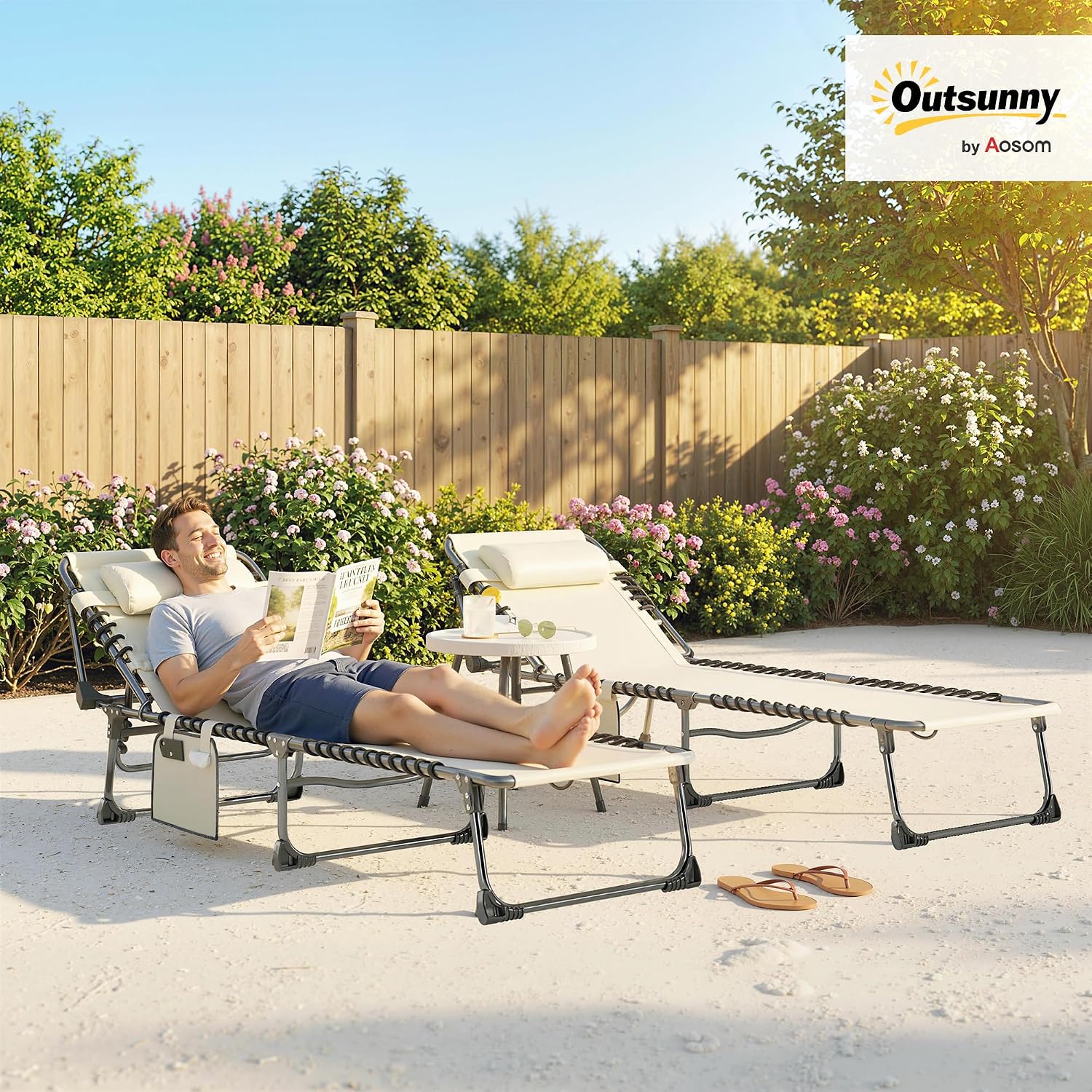 Outsunny Set de 2 Tumbonas Jardín Exterior, Tumbonas Plegables con Reposacabezas y Bolsillo Lateral, Respaldo Reclinable 5 Posiciones y Asiento de Malla Transpirable para Playa, Piscina, Blanco Crema