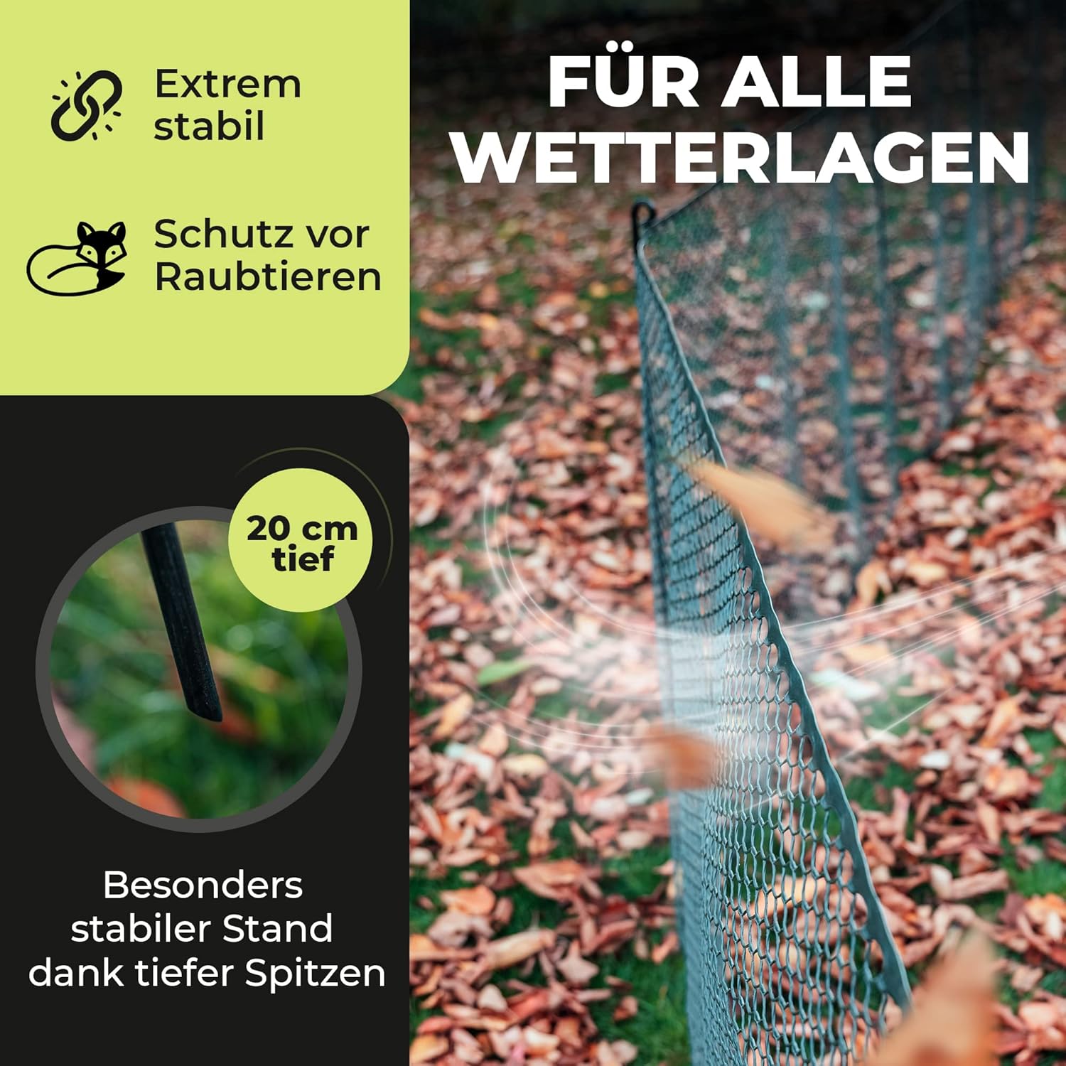 SELFmania Hühnerzaun 25m lang | ENGMASCHIG STABIL UV-SCHUTZ 120 cm hoch | Freilaufgehege Hühner mit 21 Befestigungsstäben + 25 U-Heringe | Hundezaun | Kleintiere | Geflügelzaun | Hühner Zubehör