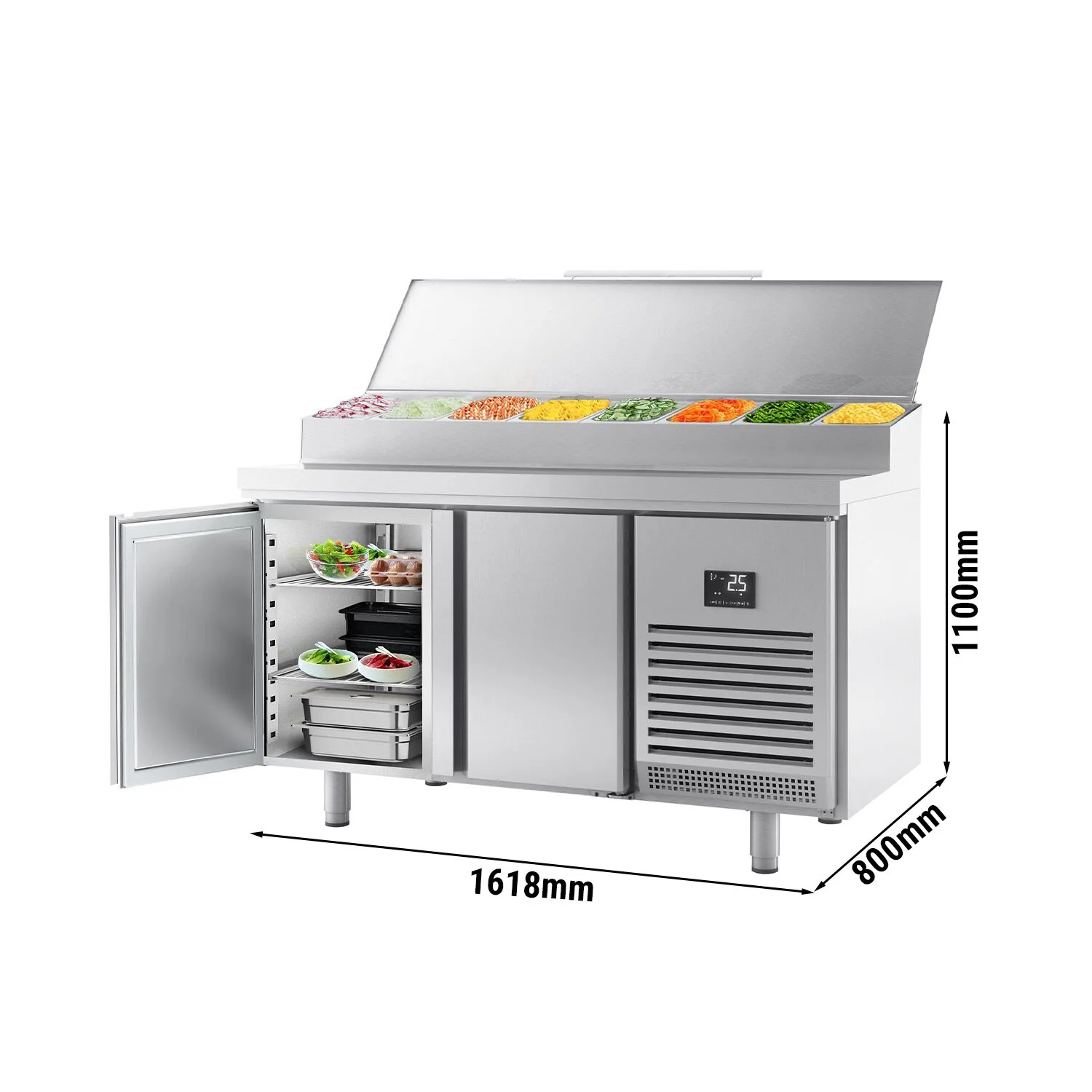 Saladette - 1618x800 mm - 2 dører - med lokk - for 9x GN 1/4 beholdere