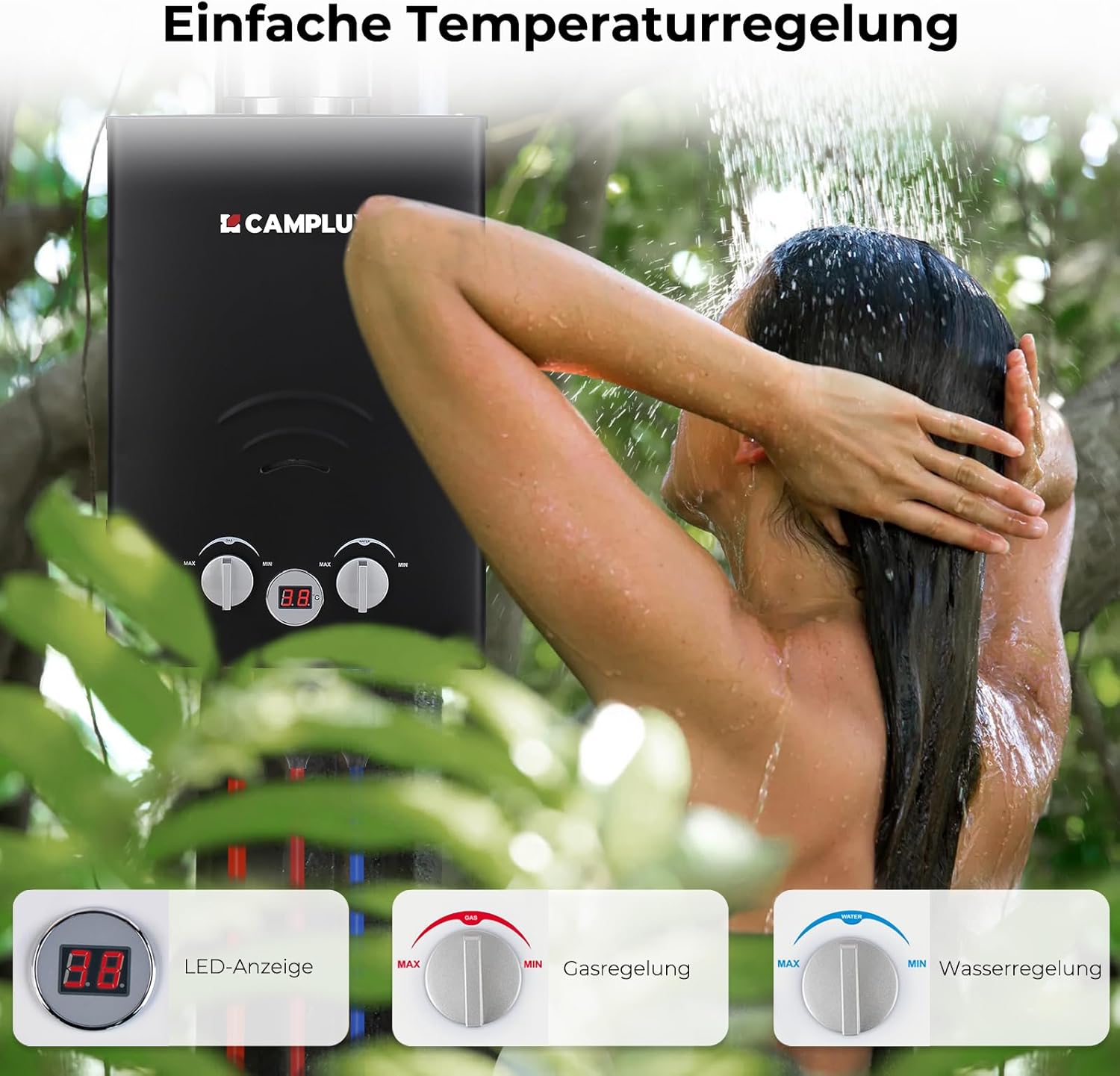 CAMPLUX BW158BC-DE Tankless Gasdurchlauferhitzer mit Regenhaube, Tragbar LPG Durchlauferhitzer, 6 Liter, 12kW, 50mbar, Campingdusche